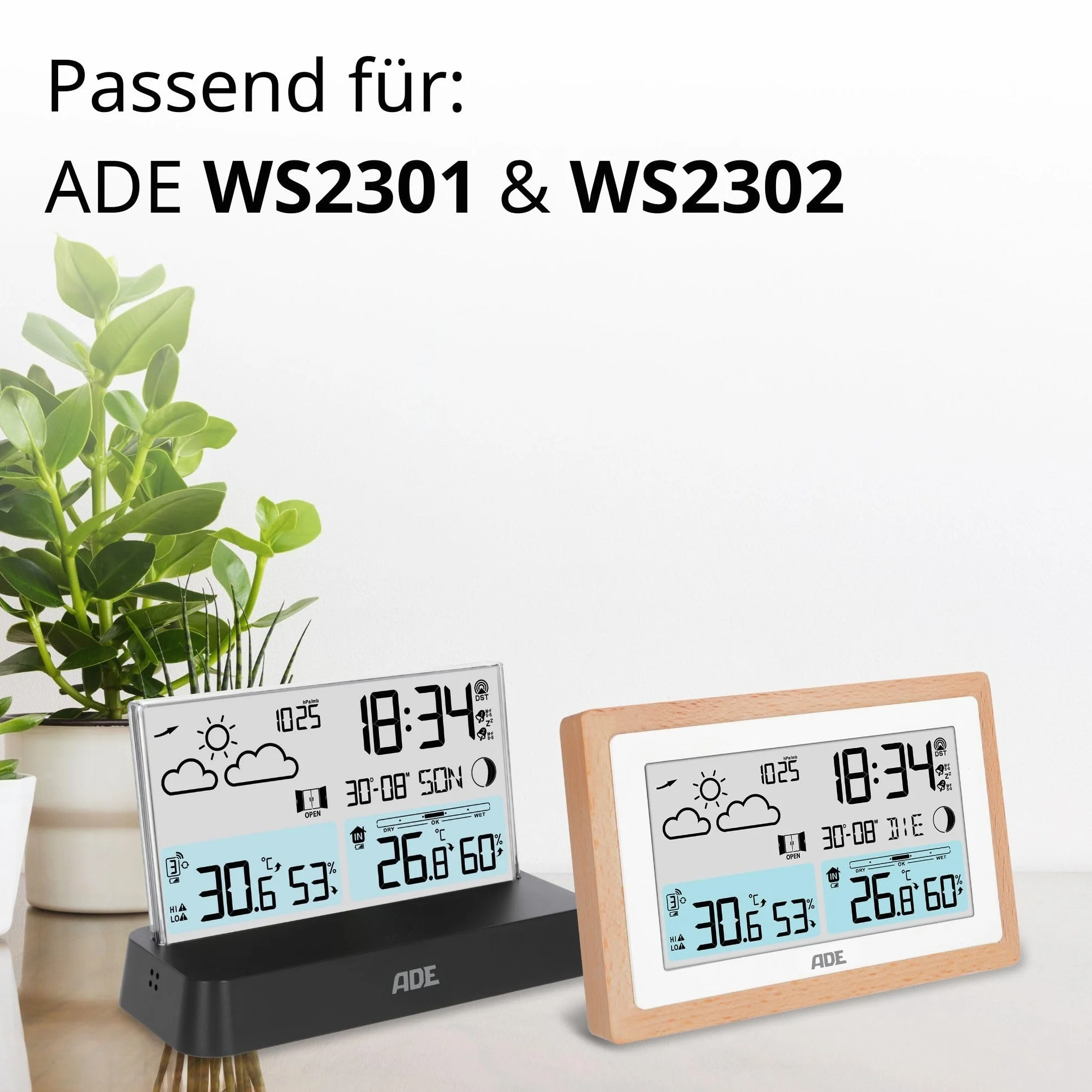 ADE Czujnik zewnętrzny WS1002 do stacji pogodowej jako zapas | 3 kanały | z wyświetlaczem | kompatybilny z ADE WS2301, WS2302, WS2105, WS2211 | biały