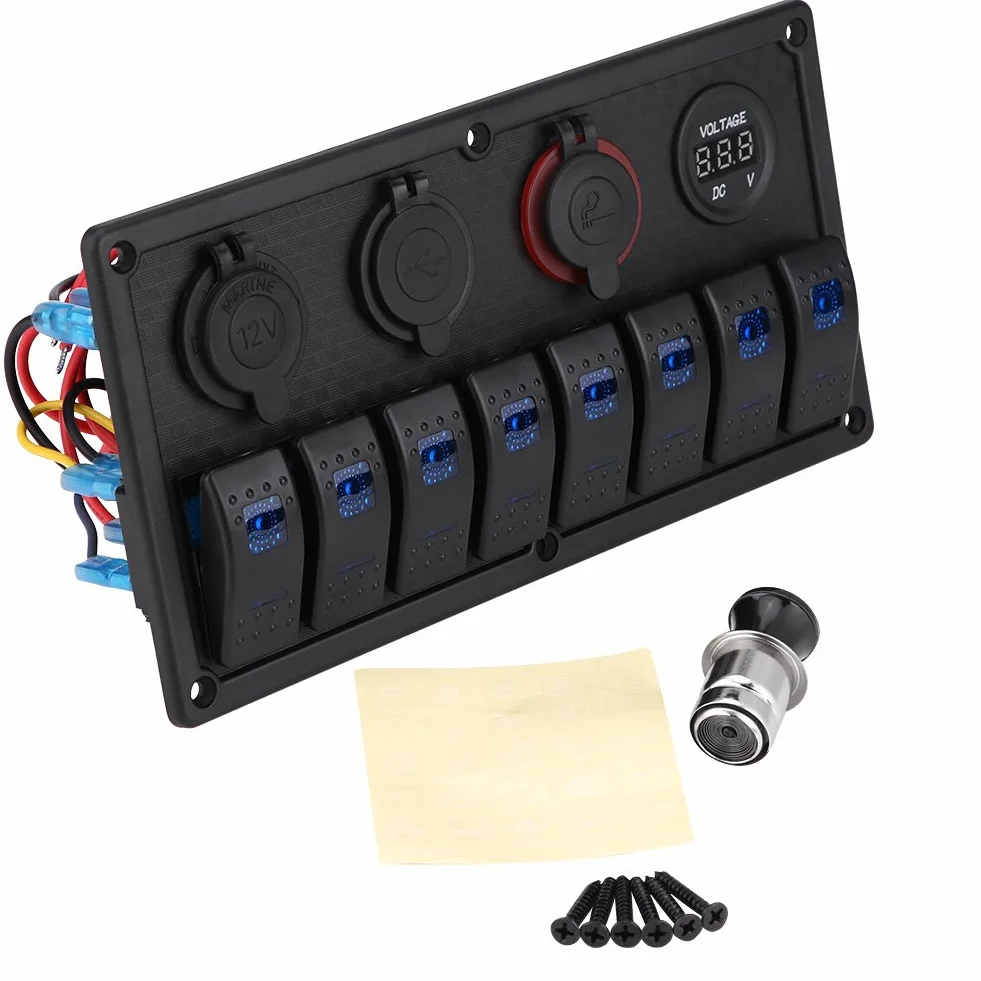 KIMISS 8-gangowy panel przełączników LED 12V/24V z woltomierzem, dual USB i gniazdem zapalniczki