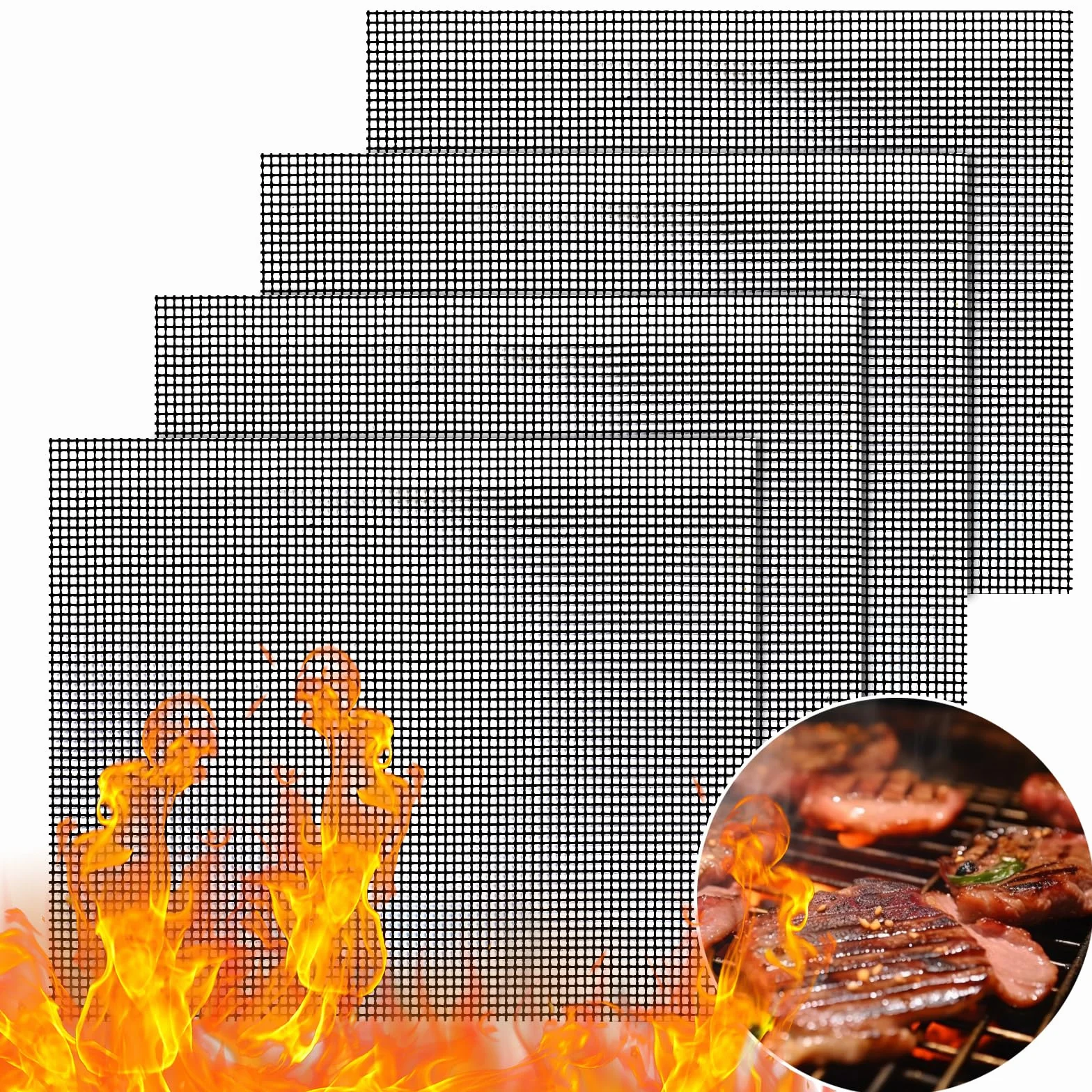 GWHOLE Zestaw 4 mat do grilla BBQ, nieprzywierające siatki do grillowania wielokrotnego użytku do grilla gazowego, węglowego i elektrycznego oraz piekarnika, odporne na wysoką temperaturę, arkusze do