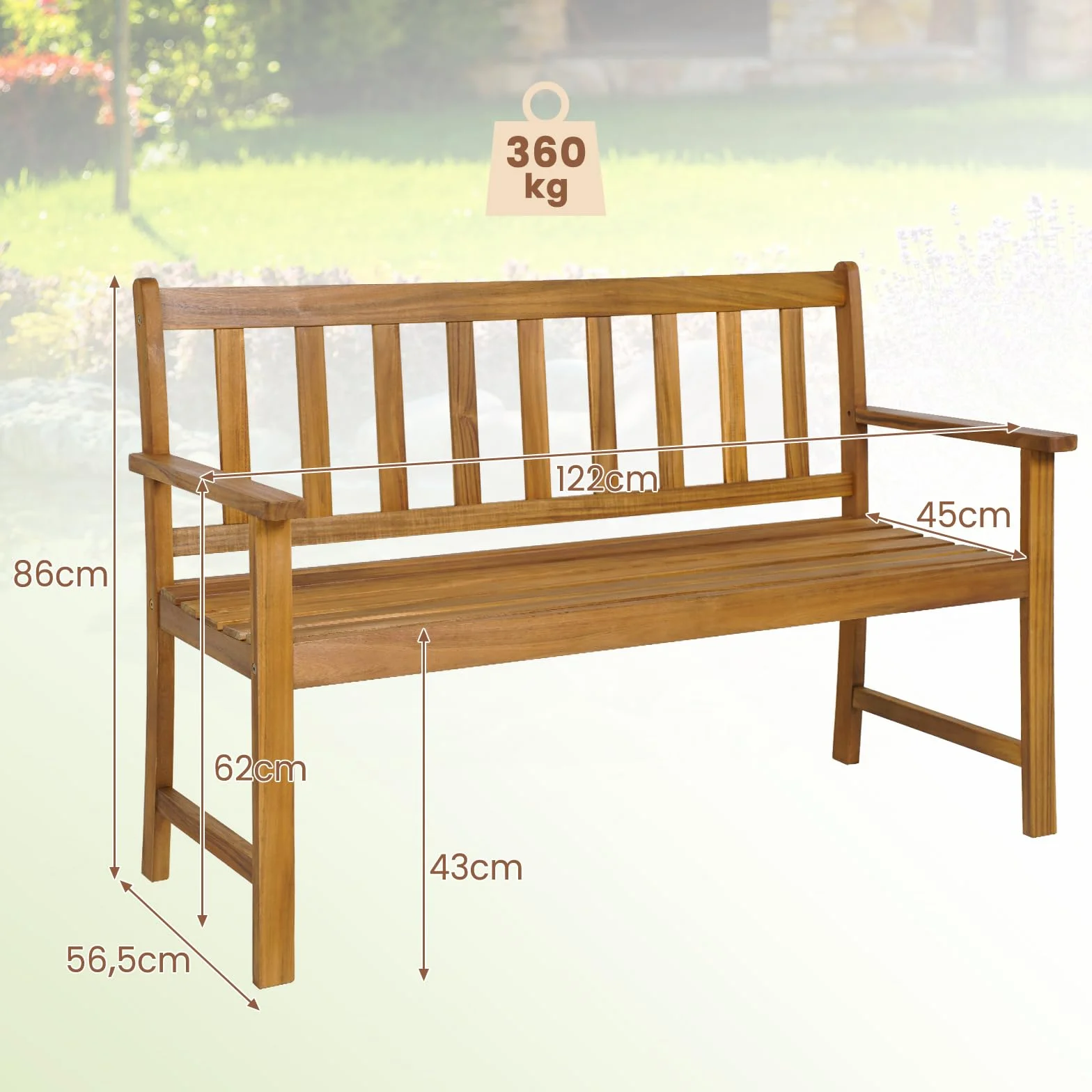 COSTWAY Ławka ogrodowa z drewna akacjowego, masywna ławka drewniana, obciążenie do 360 kg, 2-osobowa, ławka tarasowa, parkowa na taras, balkon, do ogrodu