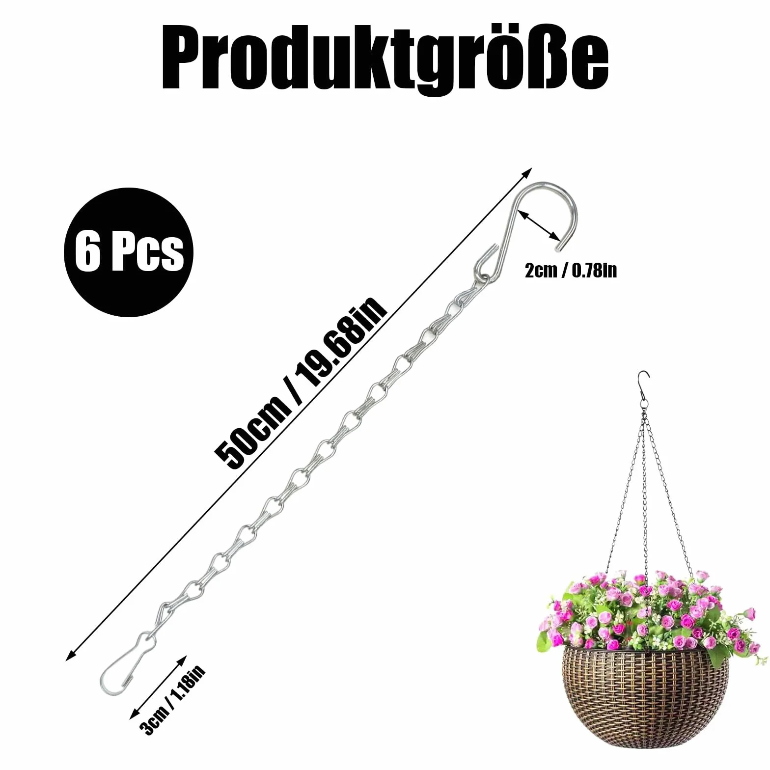 6 sztuk łańcuchów wiszących na kwiaty, 50 cm, metalowy łańcuch do zawieszenia, do doniczek wiszących, doniczek, ptaków, latarni, billboardów, wnętrz, na zewnątrz
