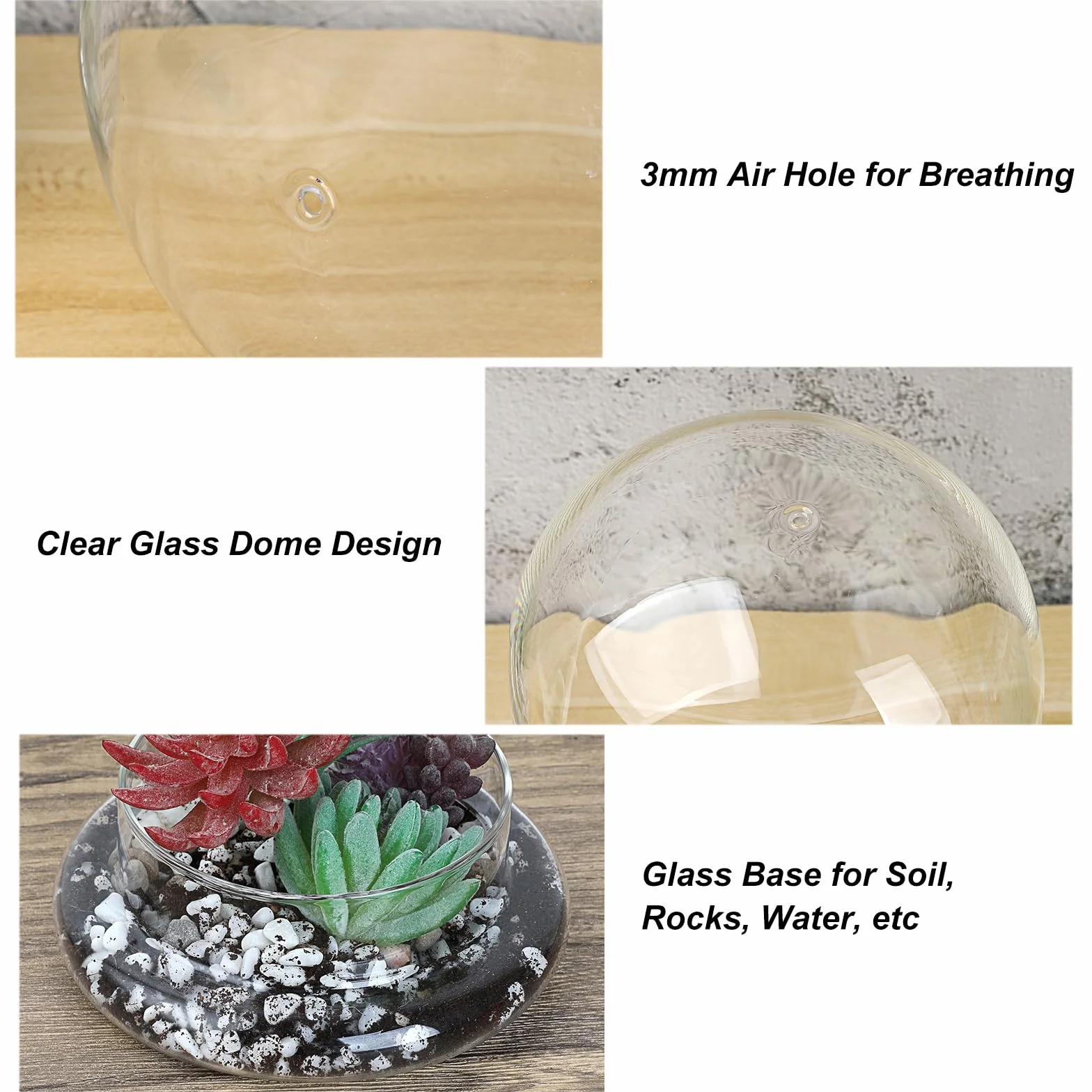 Mini terrarium na rośliny, szklana doniczka na sukulenty, przezroczysta szklana kopuła z otworem wentylacyjnym 3 mm, dekoracyjny szklany dzwonek ze szklanym dnem, dekoracja stołu, prezent do