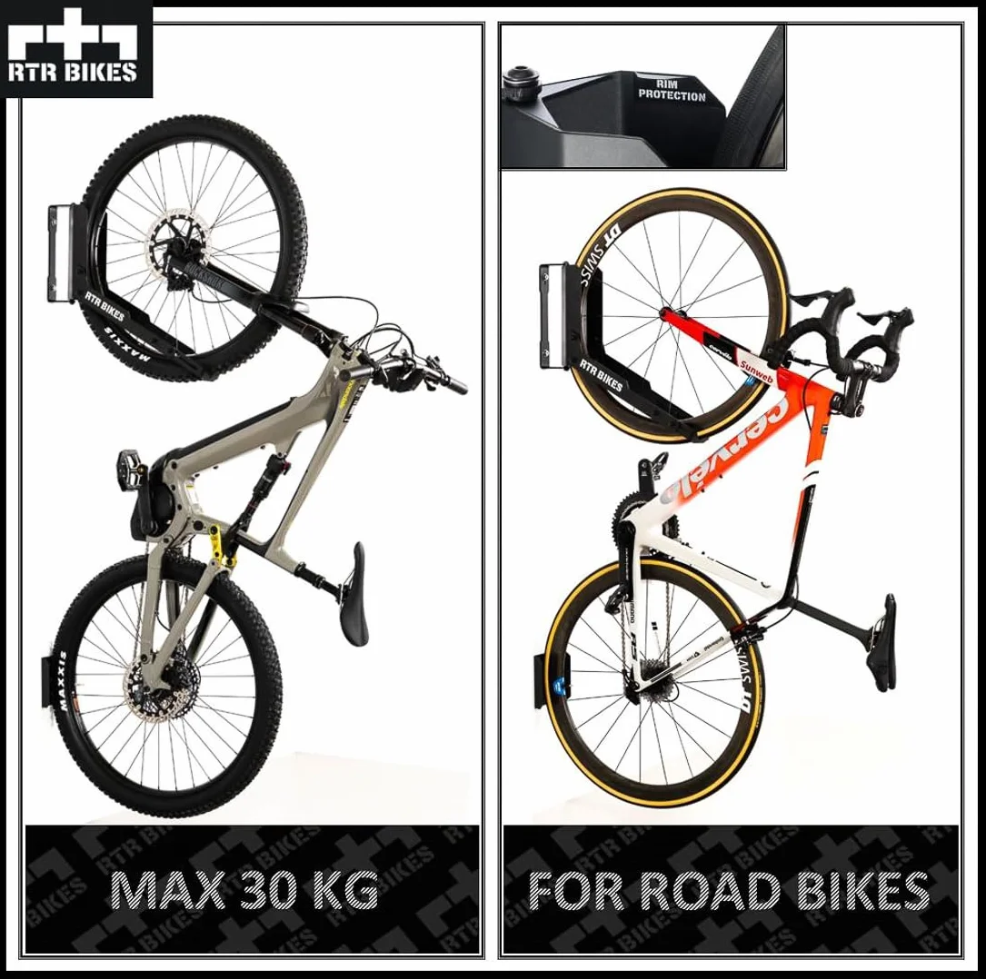 RTR BIKES Kranked Twist Obrotowy Wieszak Rowerowy na Ścianę – Uchwyt 180° – Do E-Bike i MTB do 30kg – Koła 24-29" i Opony 3,5" – Oszczędność Miejsca – Made in Poland