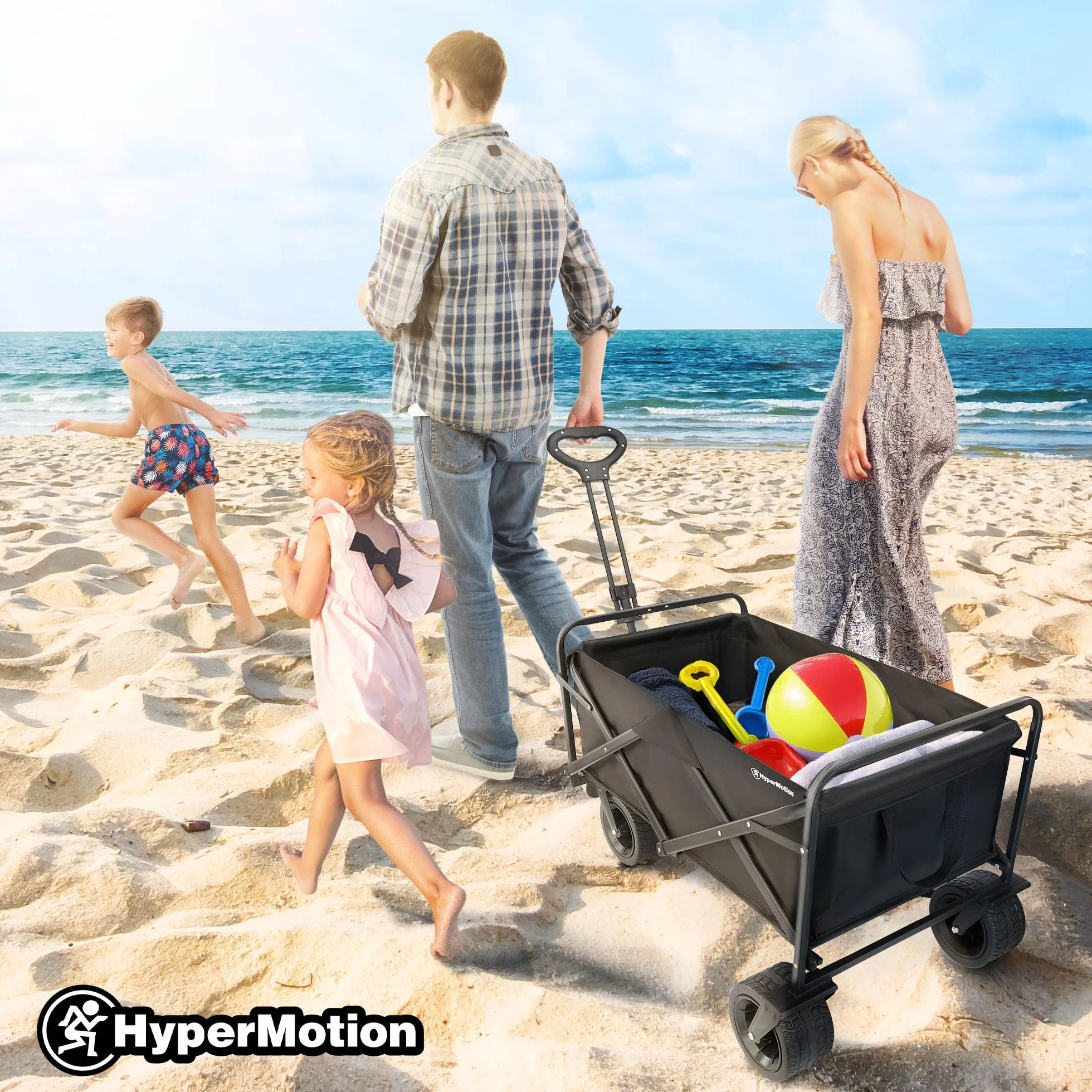 HyperMotion Wózek Turystyczny Składany Czarny – Udźwig 120 kg – Terenowy Wózek Transportowy na Plażę, Camping i Zakupy – Obrotowe Koła, Hamulce, Tkanina Oxford 600D