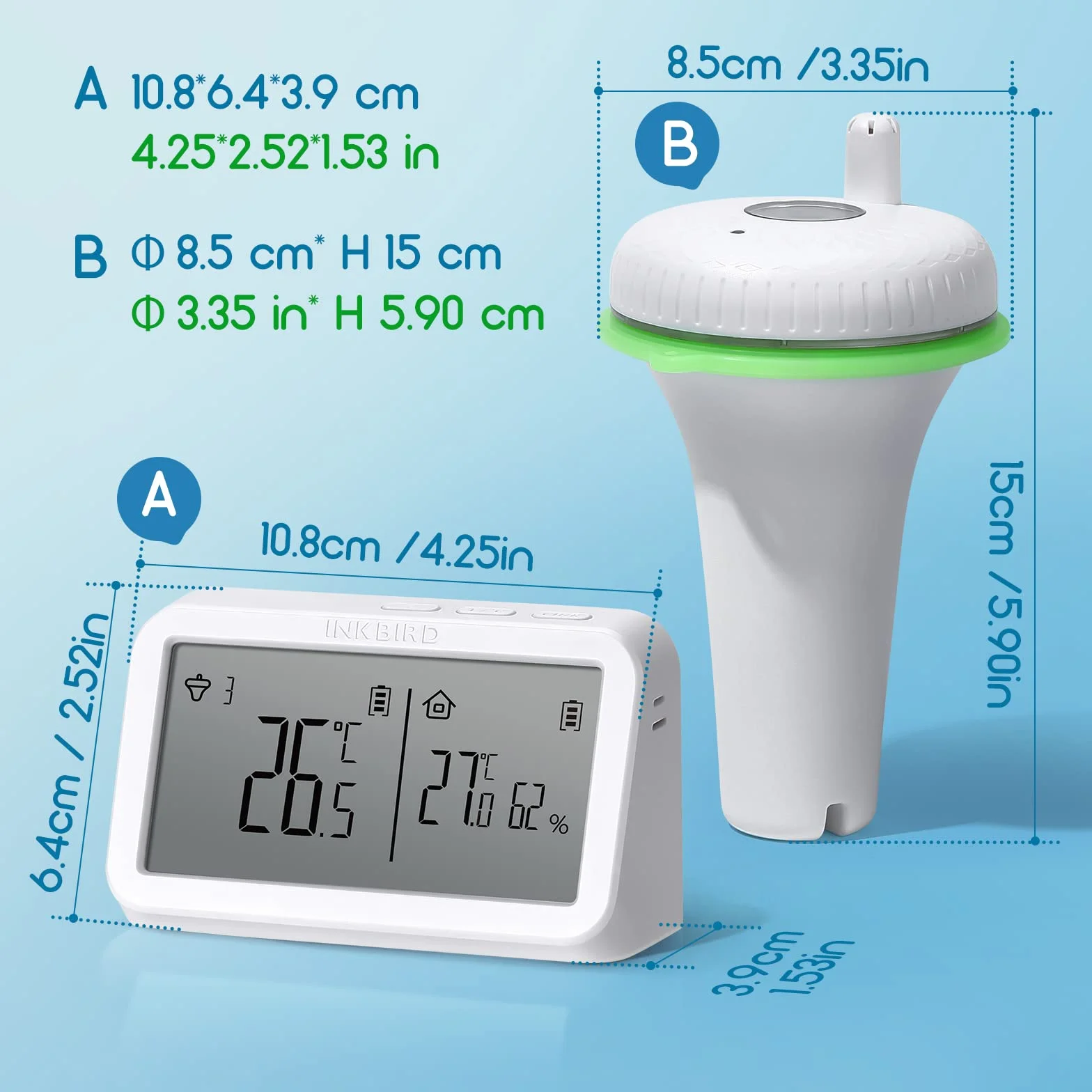 INKBIRD IBS-P02R Bezprzewodowy pływający termometr do basenu z monitorem temperatury i wilgotności, duży ekran do basenu, akwarium