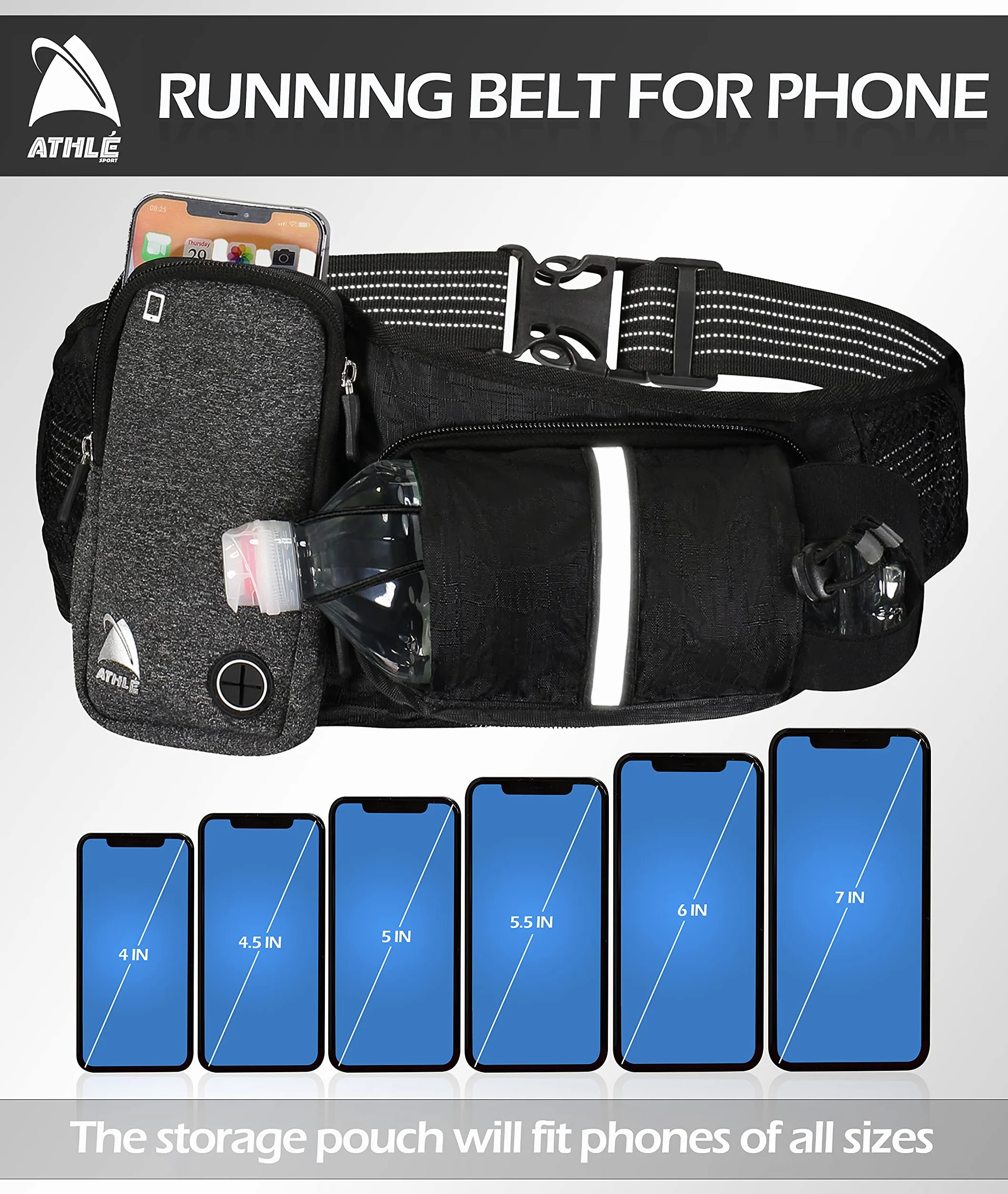 Running Belt Water Bottle Pouch Pozioma, duża kieszeń Fanny Pack Nadaje się do większości telefonów i portfeli, regulowany pasek w pasie jeden rozmiar, breloczek do kluczy, odblaskowy 360 czarny