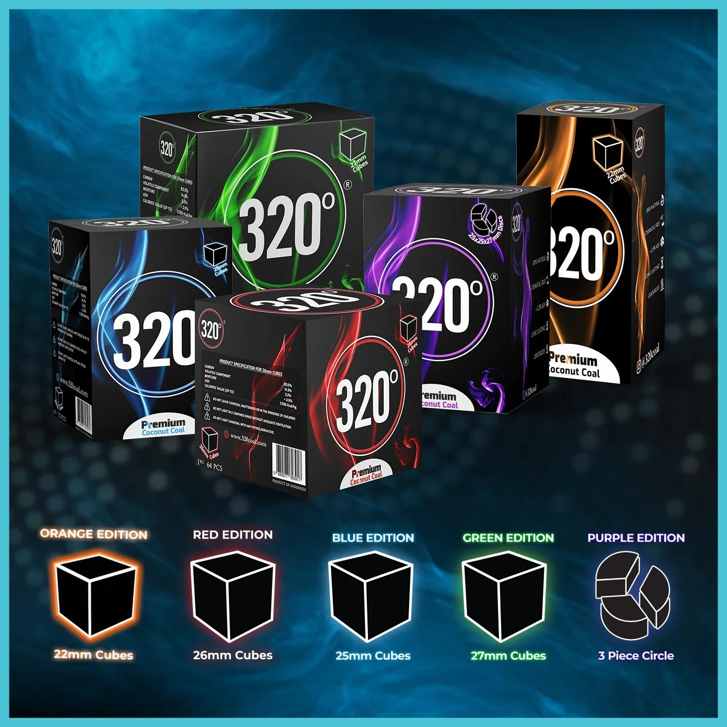 320° Premium Shisha węgiel kokosowy (kostka 26 mm) do grilla fajki wodnej - 1 kg - 64 sztuki bez nikotyny
