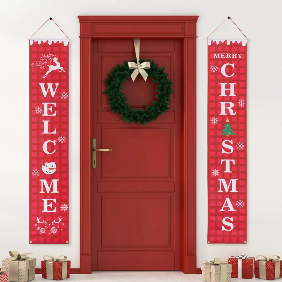 2pcs Reusable Oxford Cloth Waterproof Welcome Christmas Porch Sign Photo Props Wall Decor for Home Party
