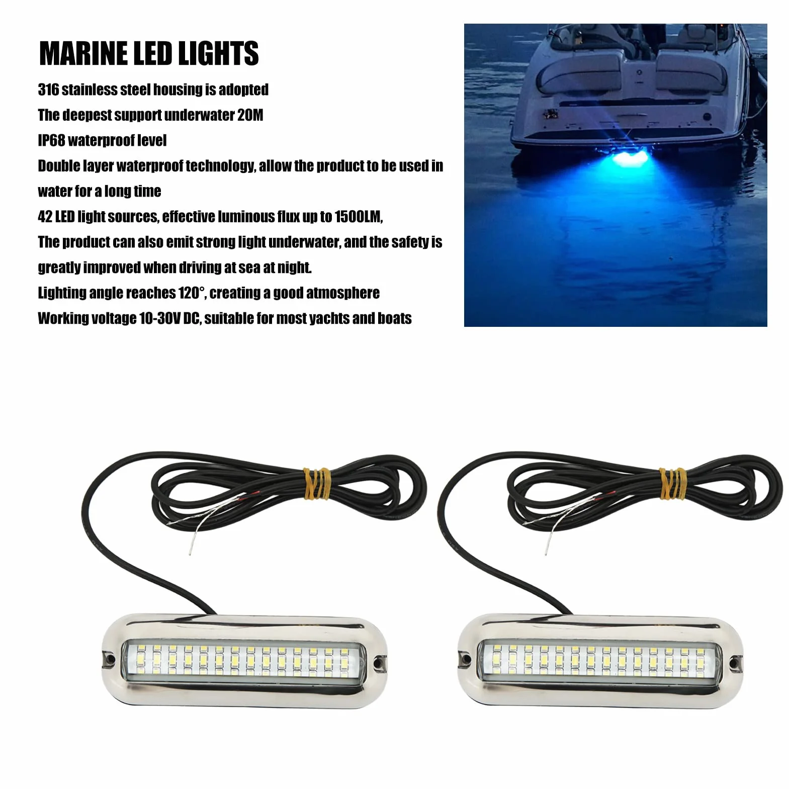 42 Diody LED Morskie Diody LED ze Stali Nierdzewnej z wodoodpornością IP68, do 1500 Lm, Szerokim Kątem 120 °, Podwodnym światłem łodzi od 10 do 30 V do Jachtu, łodzi (wihte light)
