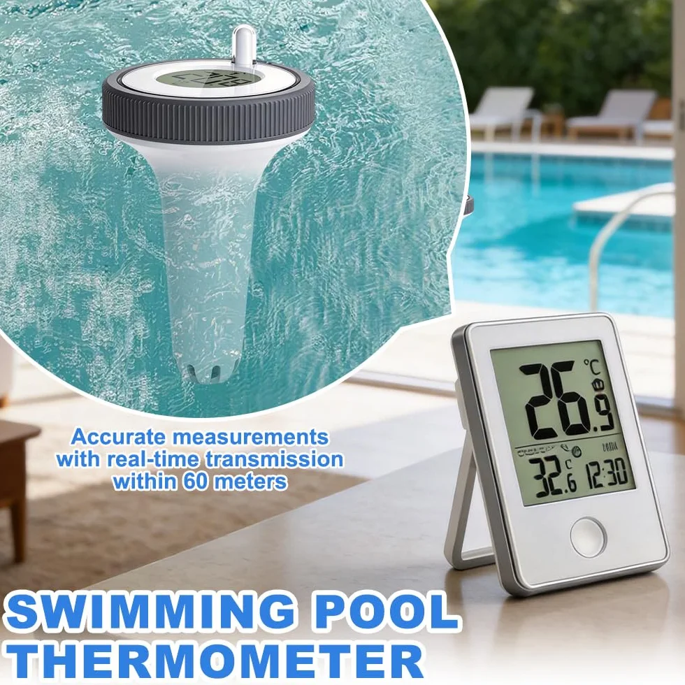 Bezprzewodowy termometr do basenu, SGZIOO Termometr do basenu, z zewnętrzną temperaturą LCD, zasięg do 60 m, wodoszczelność IP67, do akwarium, spa, staw rybny