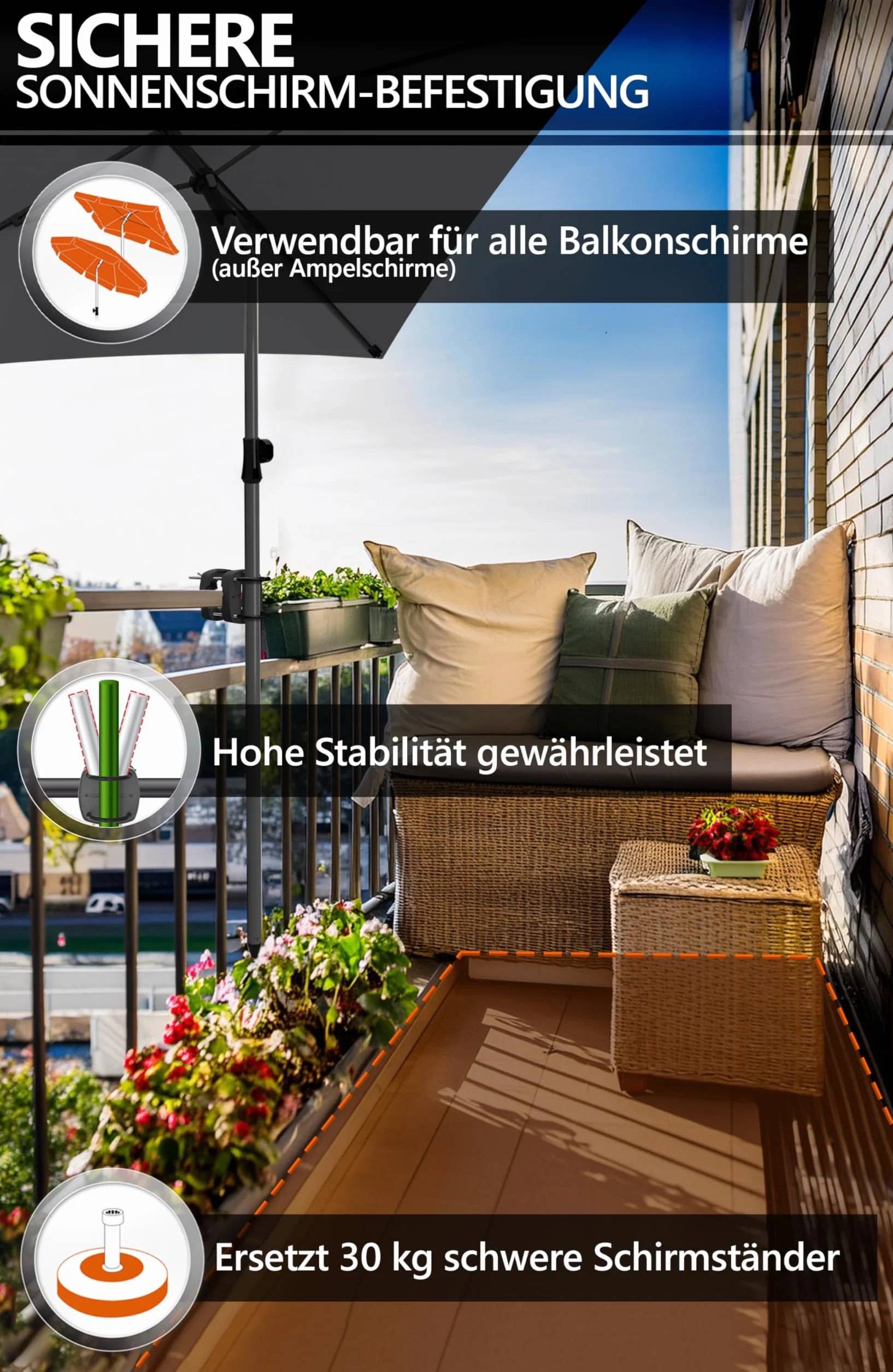 4smile SunnyEasy uchwyt na parasol przeciwsłoneczny, kolor czarny, funkcjonalny uchwyt na balkon, elastyczny montaż – uchwyt na parasol balkonowy zastępuje stojak na parasol balkonowy
