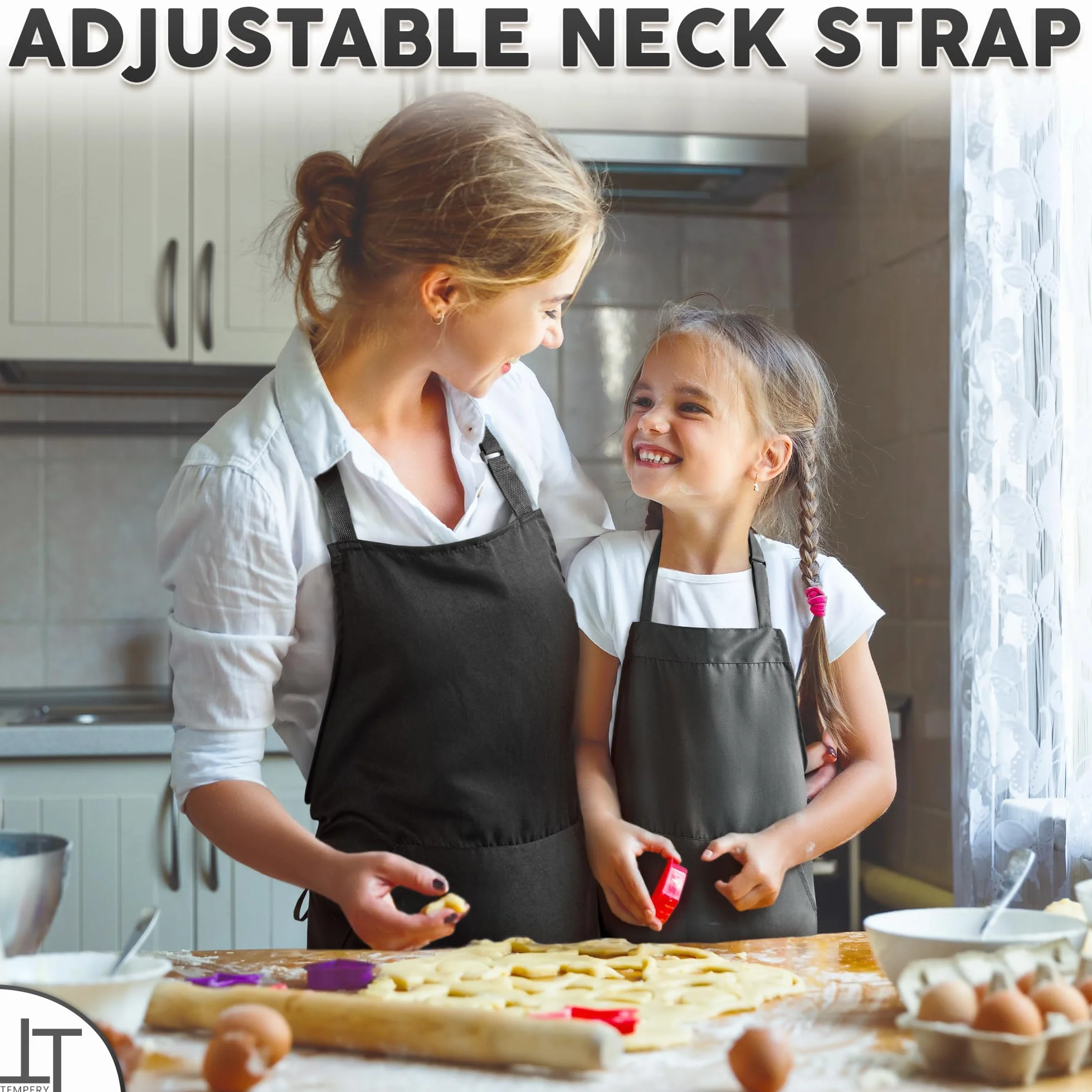 Kitchen Apron for Men & Women - Adjustable Black Apron w/ 1 Large Pocket - 80% Polyester + 20% Cotton Apron for Cooking, Baking, Cleaning & More