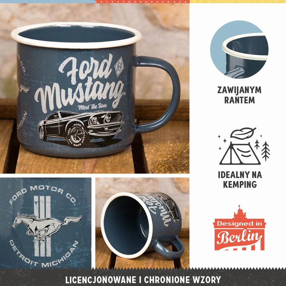 Nostalgic-Art Retro kubek emaliowany, 360 ml, Ford Mustang – The Boss – Pomysł na prezent dla miłośników Forda, Official License Product (OLP), kubek kempingowy na kawę, Styl vintage