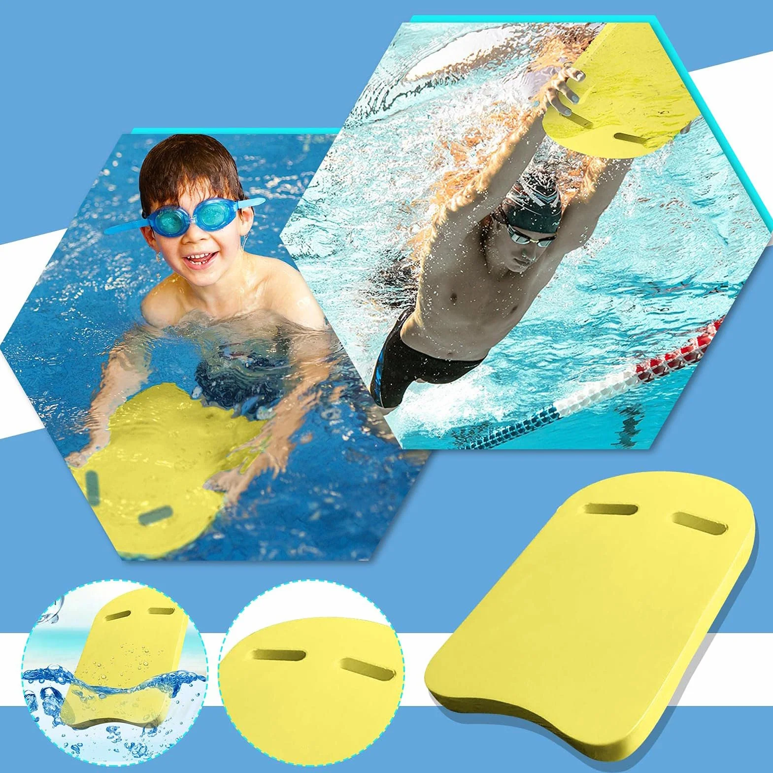 KickboardSwim Board, akcesoria treningowe na basen, deska do pływania z uformowanymi otworami, wiele możliwości chwytania, 100% EVA, bez PCW, 40 x 27 x 3 cm, żółta