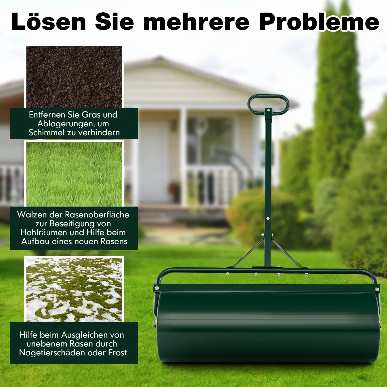 FANTASK Walec do trawy z metalu, średnica 30 cm, z uchwytem 63 l, bęben do dużych obciążeń, wałek do trawy napełniany wodą i piaskiem, wałek ogrodowy, bęben do trawy