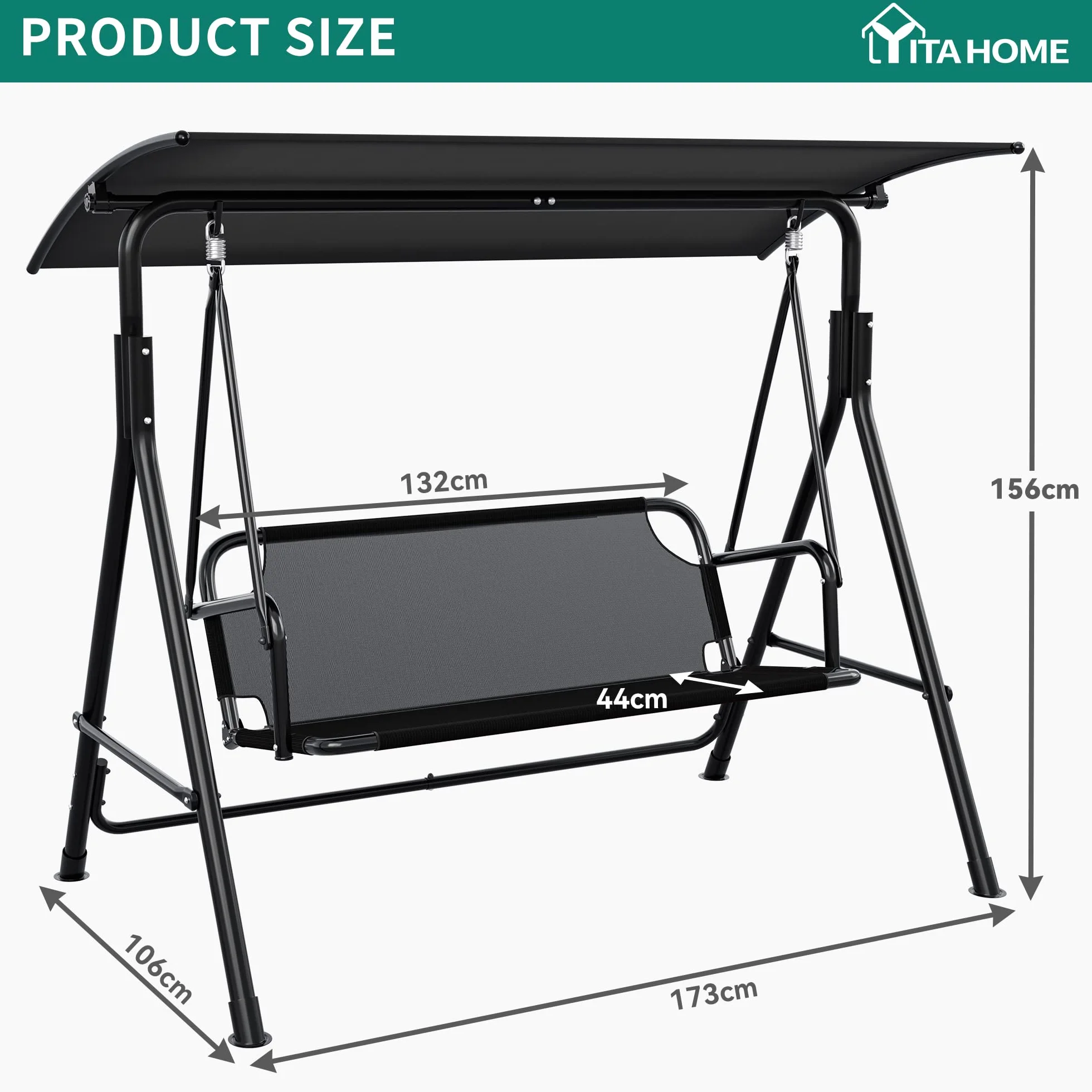 YITAHOME Huśtawka Hollywood z funkcją leżenia, 173 x 106 x 156 cm, 3-osobowa, obciążenie 270 kg, huśtawka ogrodowa z daszkiem przeciwsłonecznym dla dorosłych