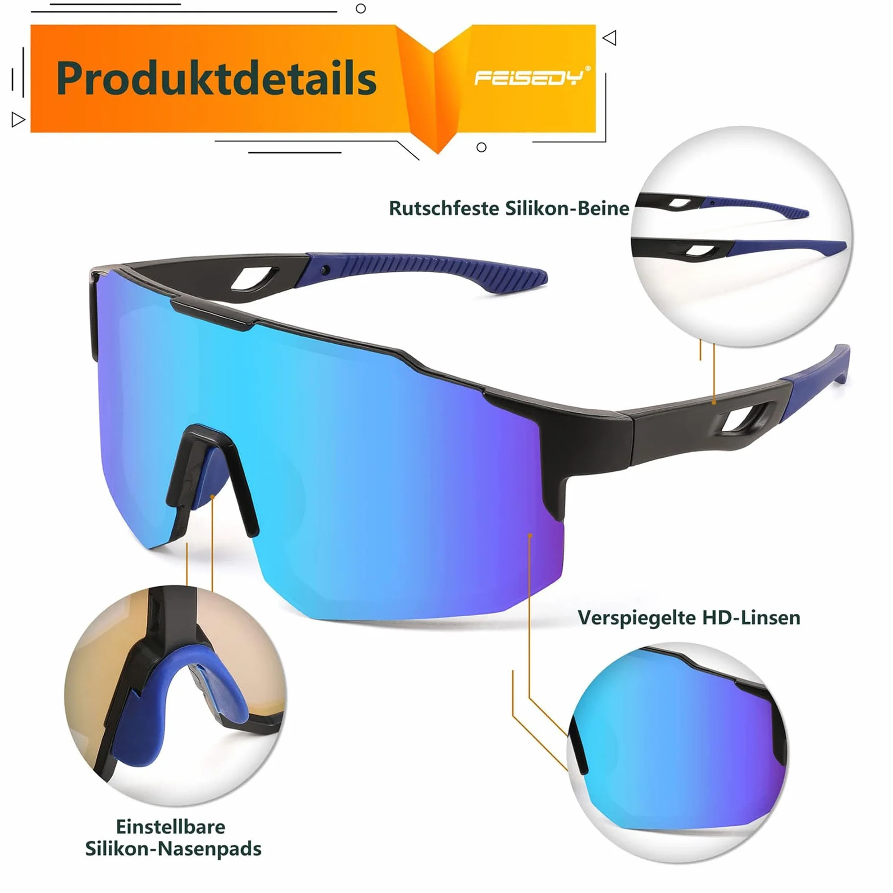 FEISEDY Sportowe okulary przeciwsłoneczne dla mężczyzn i kobiet, okulary rowerowe, lustrzane, do jazdy na rowerze górskim, kolarstwa, biegania, enduro z ochroną UV400, B2388