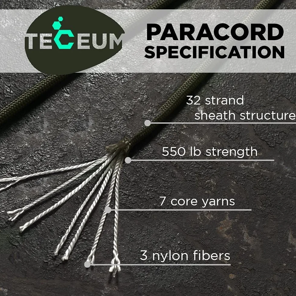 TECEUM Paracord typ III 550 zielony wojskowy 15 m 4 mm lina taktyczna MIL-SPEC survivalowa