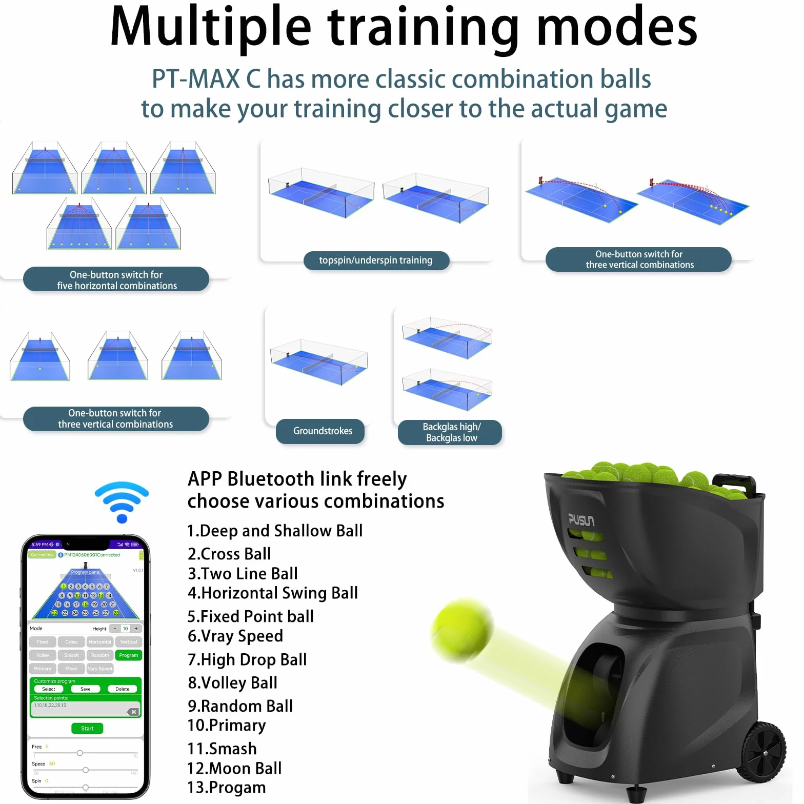 PT-MAX C Professional Padel Ball Machine przenośna automatyczna wyrzutnia piłek z inteligentnym sterowaniem aplikacją, idealna do treningu solo, treningu klubowego i profesjonalnego coachingu | Sprzęt
