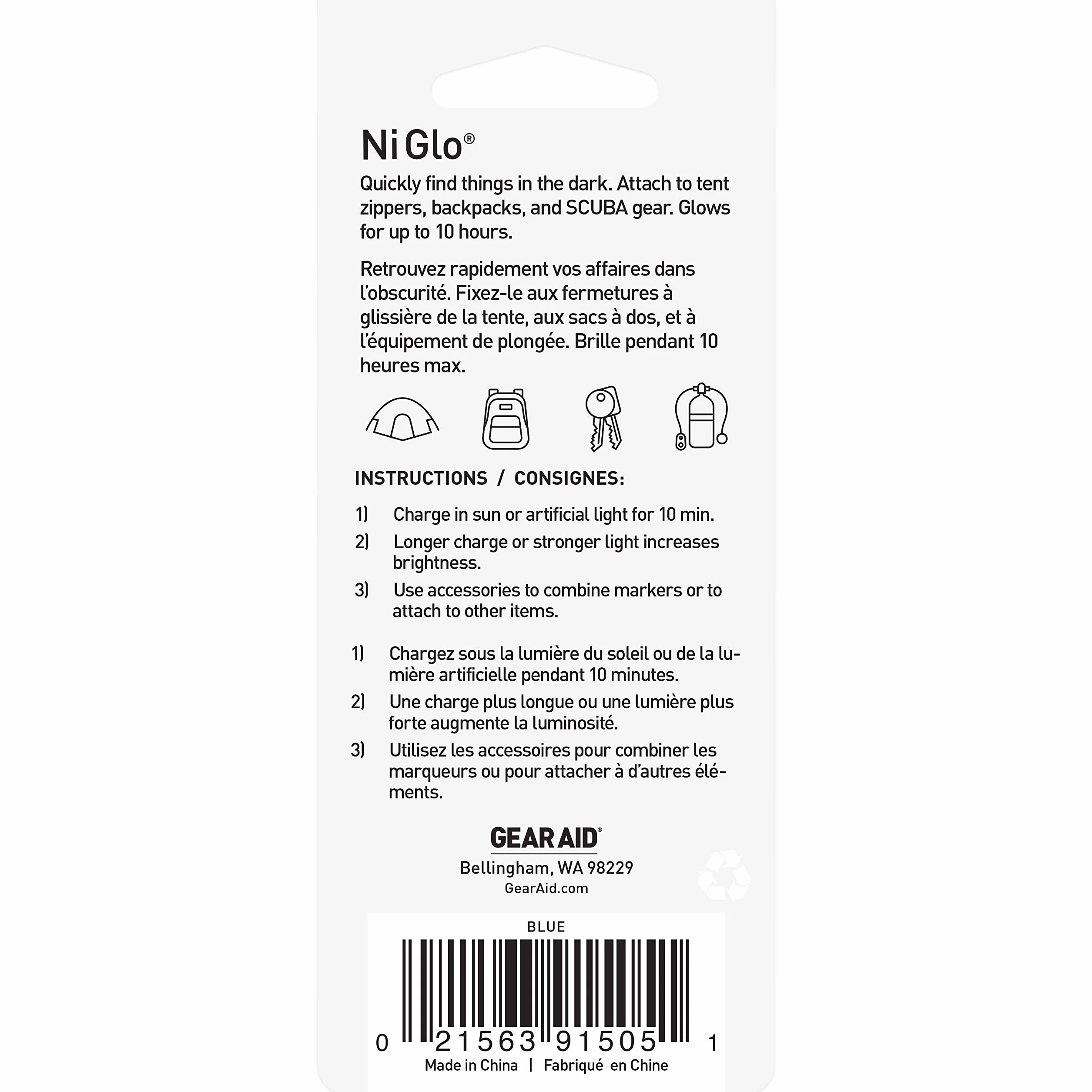 GEAR AID Ni Glo, 5 cm świecący brelok na kemping, nurkowanie i nocne wędkowanie, niebieski, 2 szt