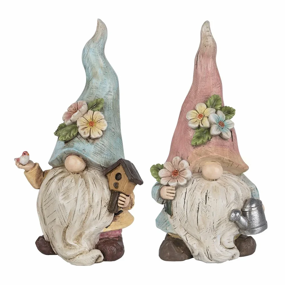 Ideen mit Herz Dekoracyjne figurki skrzat, para z konewką i domkiem dla ptaków, krasnal ogrodowy, wiosenna dekoracja do domu i rabatki kwiatowej, wysokość 23 cm, szerokość 10 cm, 2 sztuki