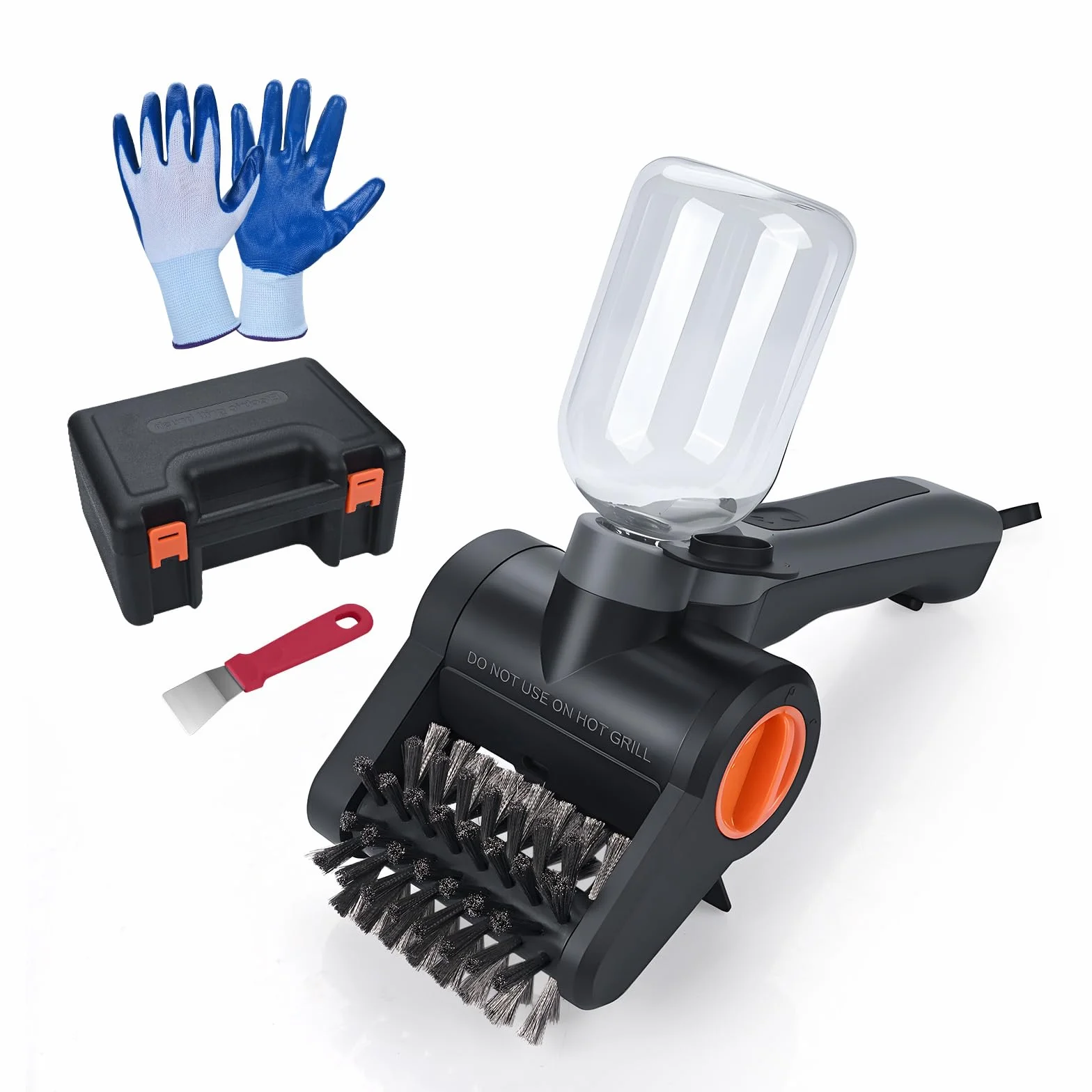 Elektryczna Szczotka do Grilla z Zbiornikiem Wody 300ml firmy MMOBIEL – Bezprzewodowy Środek do Czyszczenia BBQ z 2 Prędkości, Silnik 100W, Ładowanie USB-C, Ergonomiczny Uchwyt, Etui i Rękawice