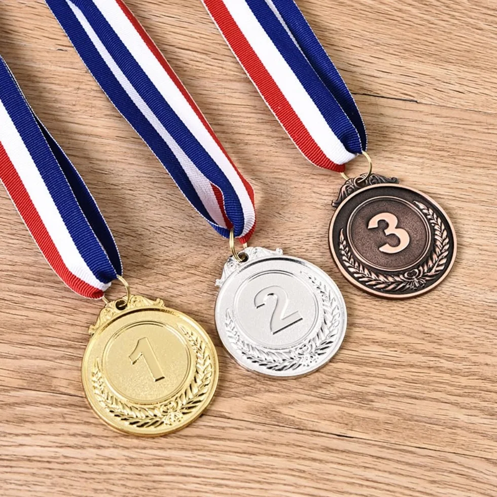 Medale metalowe złoty srebrny brąz 1 2 3 olimpijskie z wstążkami