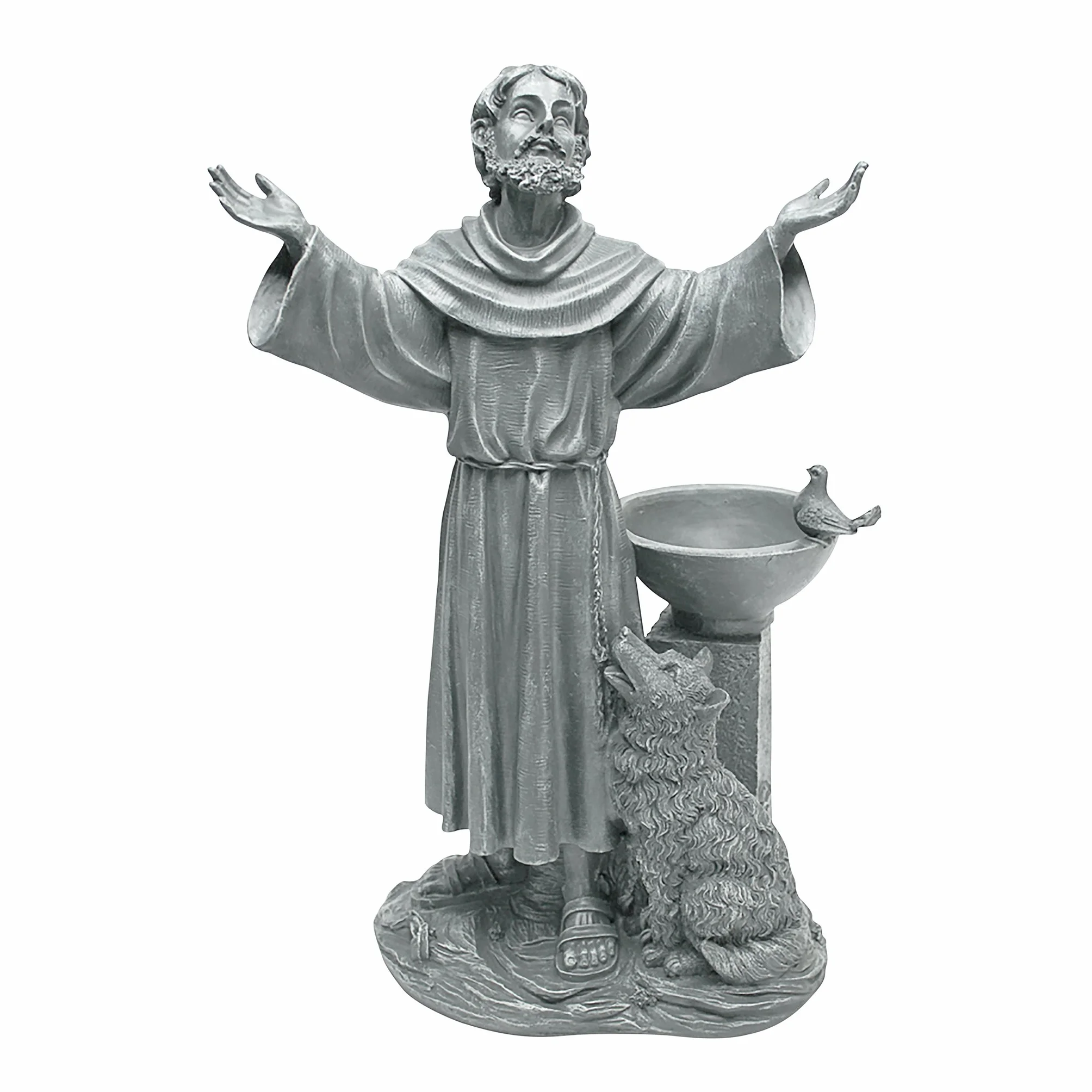 Design Toscano JE14106 błogosławieństwo św. Franciszka religijna dekoracja ogrodowa statuetka z karmnikiem dla ptaków, 48 cm, żywica poliestrowa, szary kamień, zielony