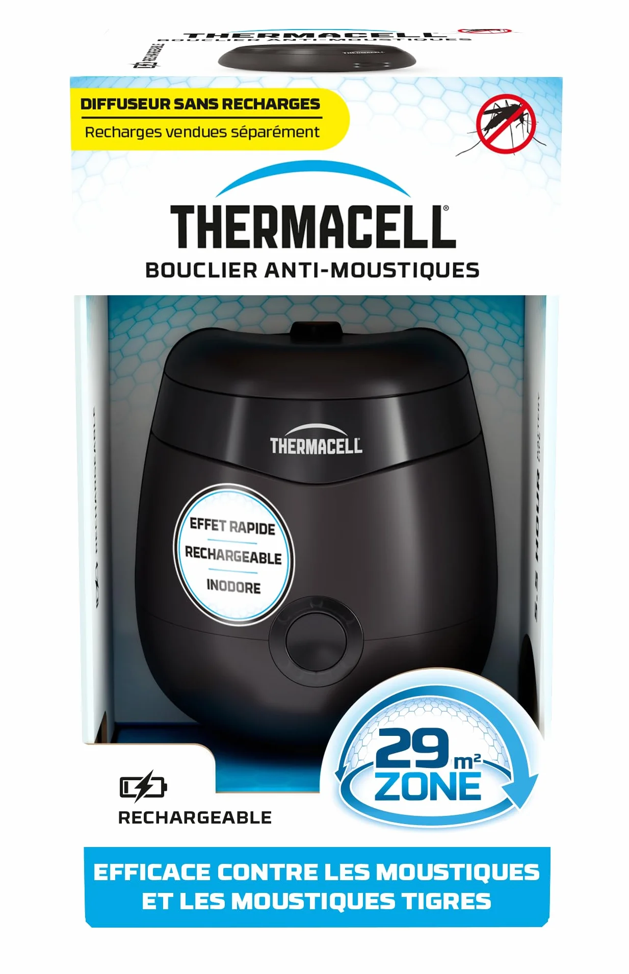 THERMACELL Tarcza przeciw komarom i komarom tygrysy, na zewnątrz, do ogrodu, na taras, bezprzewodowa, do wielokrotnego napełniania, strefa ochrony 29m², szybki efekt, bezwonny, bez wkładów, czarna