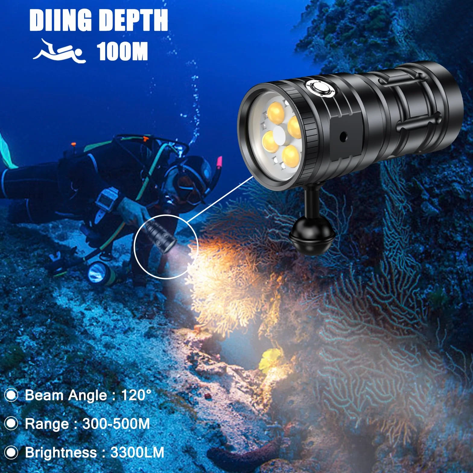Dive Light do fotografii podwodnej 3300 lumenów 100 m wodoodporna lampa wideo z lampą do nurkowania typu C
