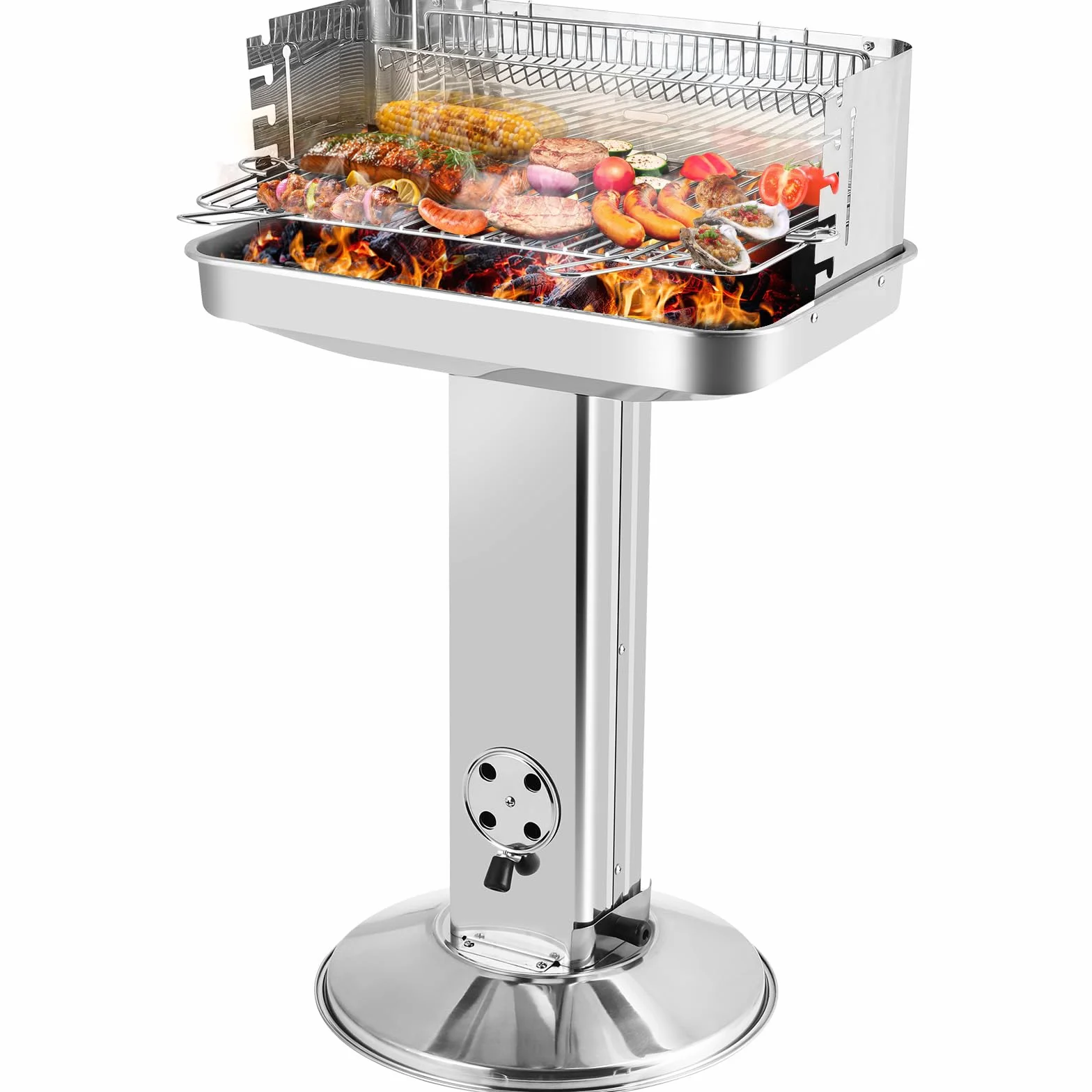 Grill na węgiel drzewny, stal nierdzewna, grill kolumnowy, grill na kemping, plażę, do ogrodu, na imprezę, z rusztem do grillowania z 5-stopniową regulacją wysokości, kosz do przechowywania, pojemnik