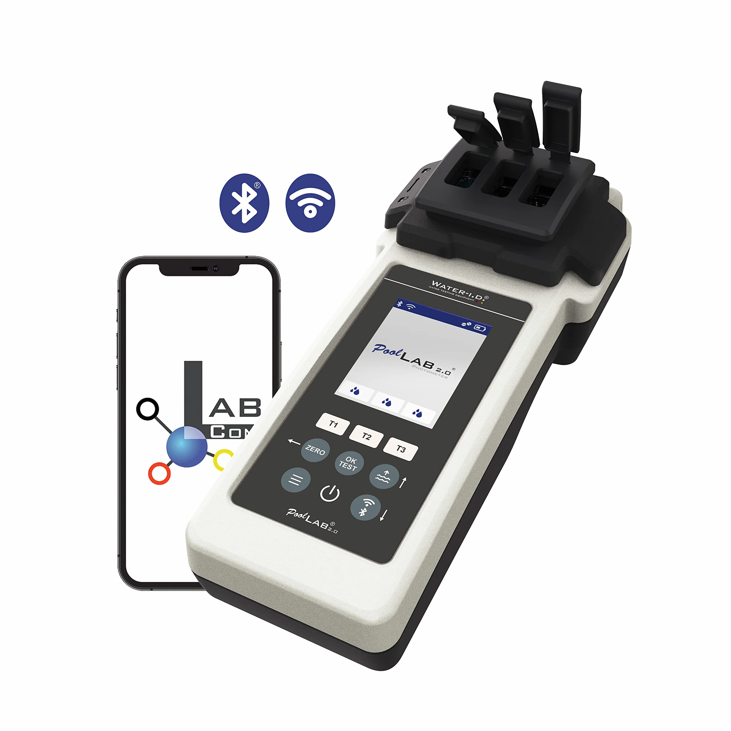 Water-ID PoolLab 2.0 elektroniczny tester wody z Bluetooth i WiFi – profesjonalna analiza wody do basenu i spa – tester basenowy z 3 równoległymi komorami pomiarowymi – 24 wartości wody w basenie – z 70 tabletkami testowymi