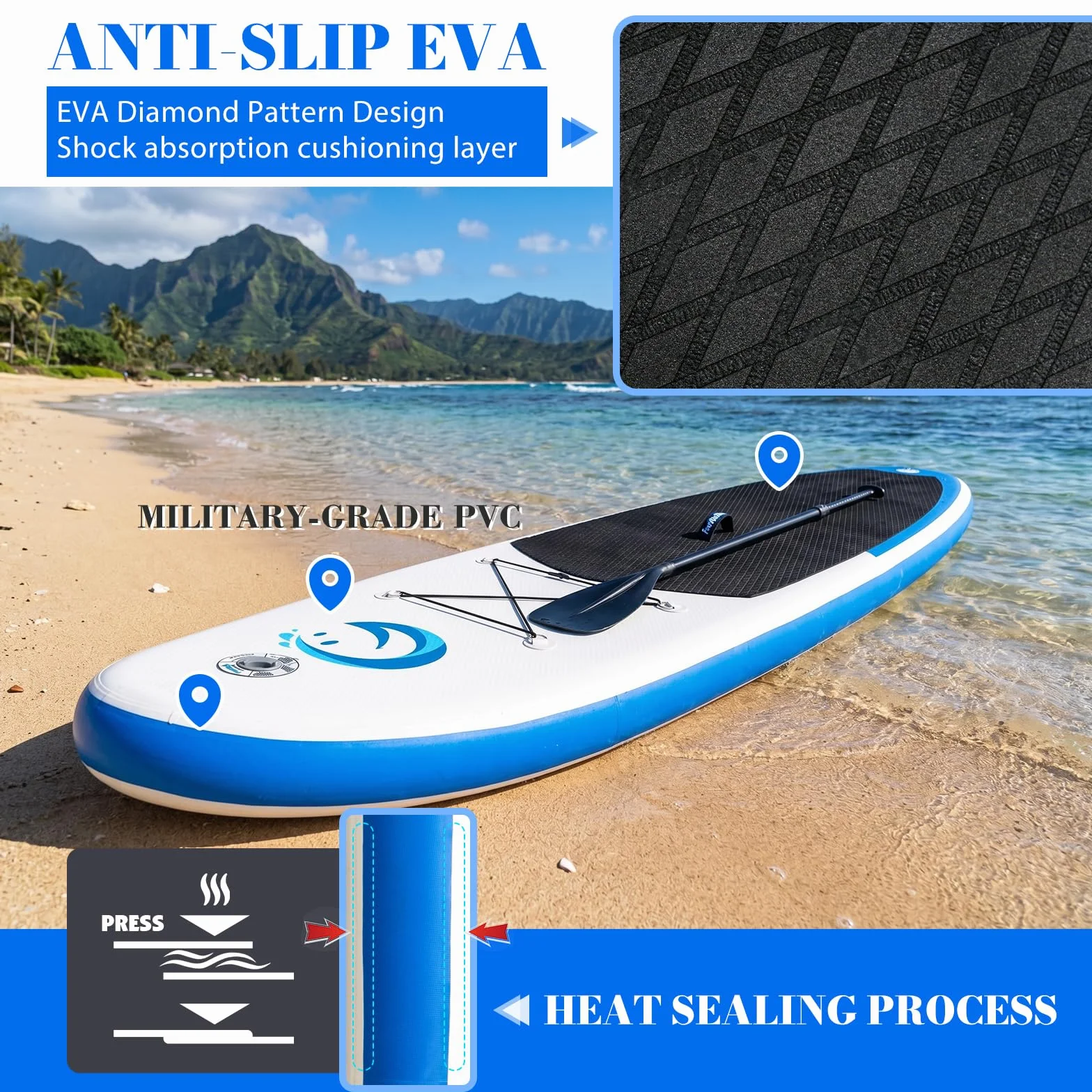 FunWater 10'6"-11'6" SUP Deska, nadmuchiwana deska do paddleboard dla wszystkich poziomów, idealna dla początkujących i rodzin, z antypoślizgowym pokładem EVA, wiosłem, pompką i pełnym wyposażeniem