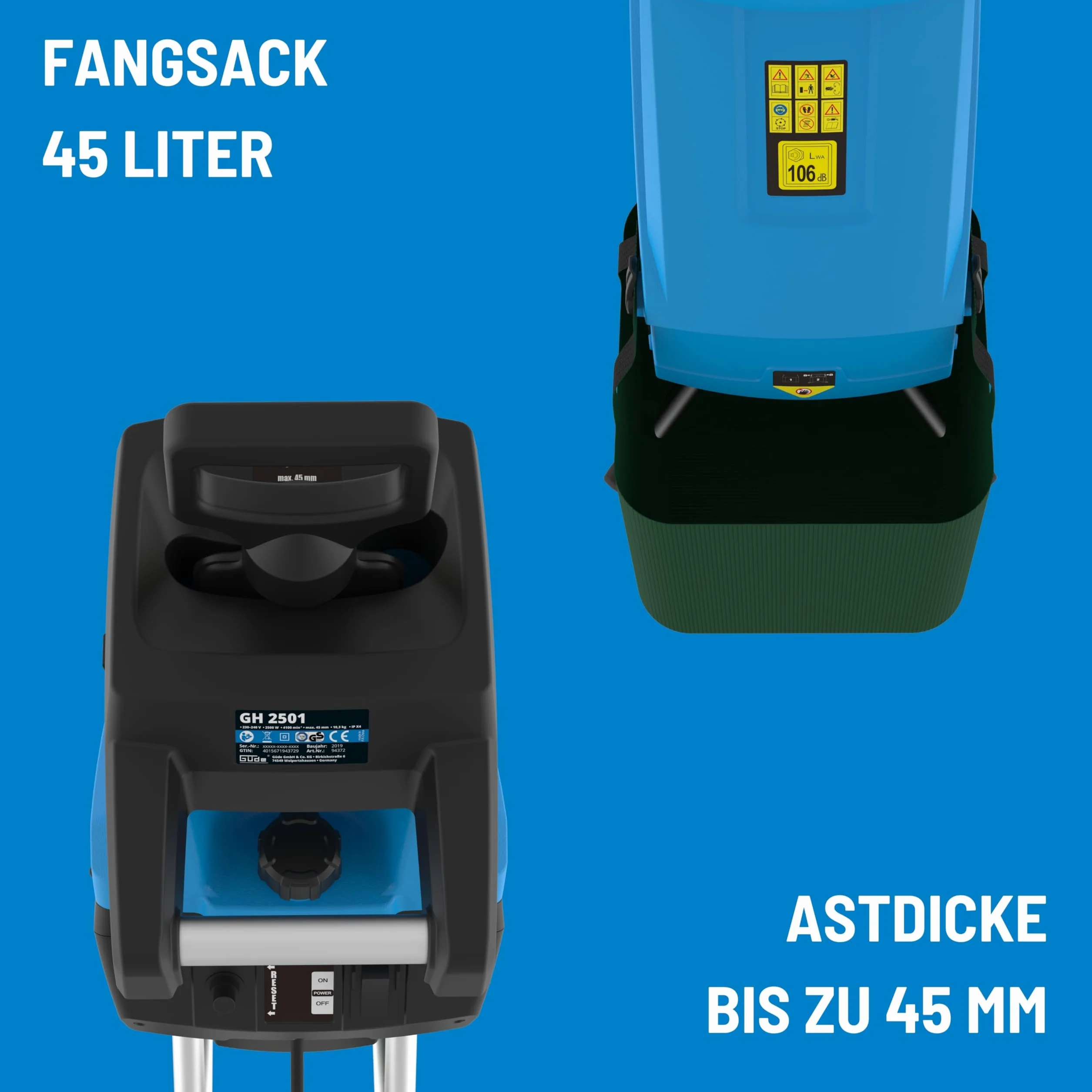 Güde Rozdrabniacz ogrodowy GH 2501 (2500 W, technologia nożowa, nie wymaga konserwacji, samoczynne zwijanie, koła transportowe, zabezpieczenie przed przeciążeniem, maks. grubość gałęzi 45 mm, w
