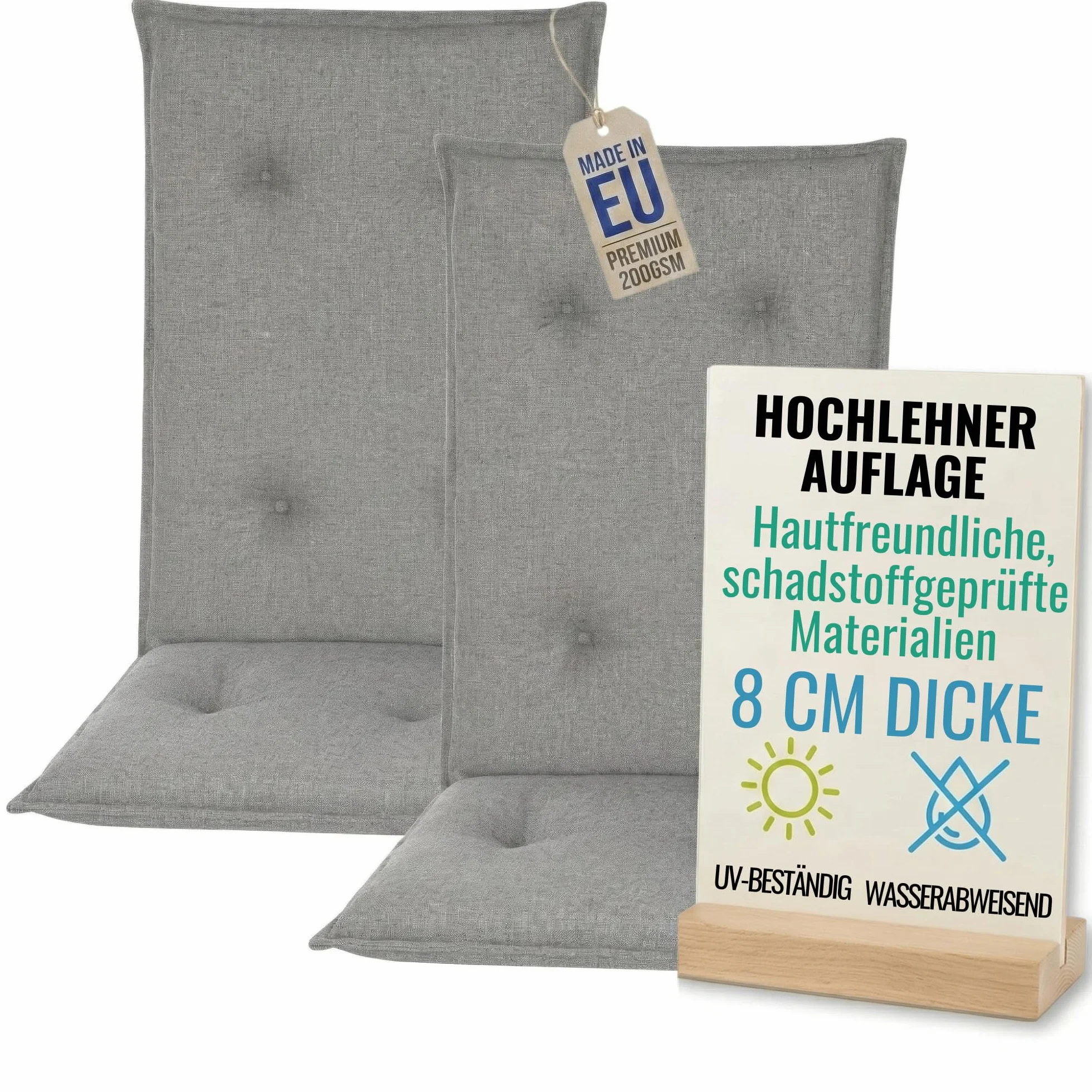 2x Poduszka na krzesła ogrodowe z wysokim oparciem 120x50cm - 8cm Grubości - Premium Materiał 200gsm - Odporne na UV i wodę | Pikowane siedziska z gumką do mocowania | Ciemnoszary