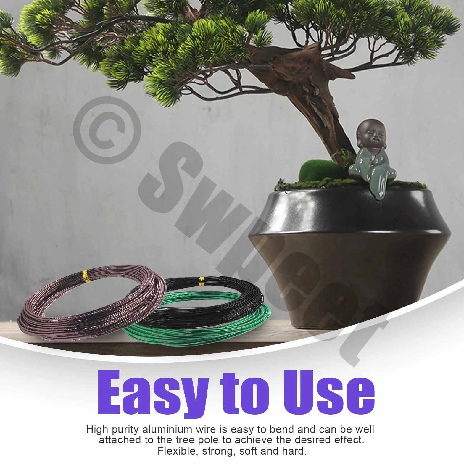 Swpeet 5 szt., 4 rozmiary 1/1,5/2/3 mm przewód treningowy bonsai, łącznie 300 m, z obcinaczem do drutu, zestaw narzędzi do bonsai z drutu aluminiowego, akcesoria bonsai do drzew bonsai, do wnętrz