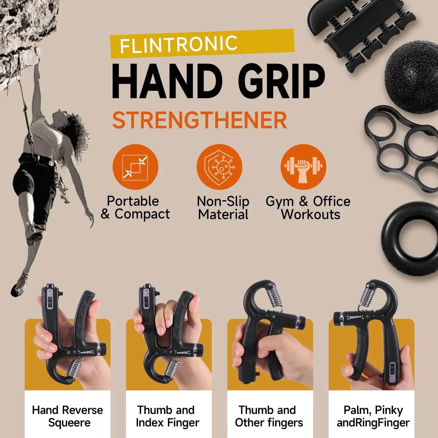 flintronic Zestaw do treningu rąk, trener przedramion z wbudowaną funkcją liczenia, regulowany opór 5-60 kg, trener palców do fitnessu, wspinaczki, treningu siłowego, rehabilitacji dłoni