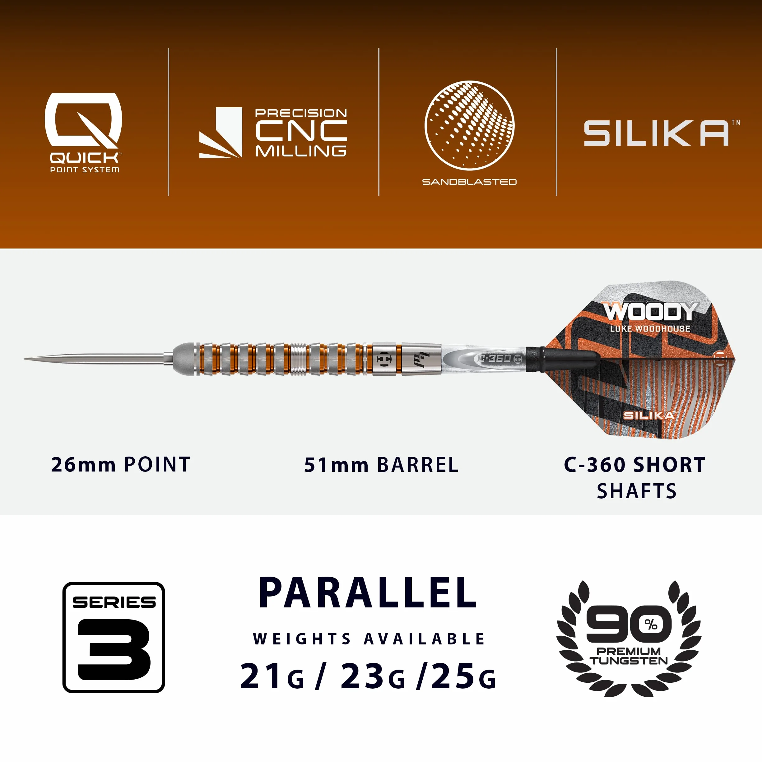 Harrows Luke Woodhouse Woody rzutki 90% wolframu, ze stalową końcówką, Quick Point, 21g-25g