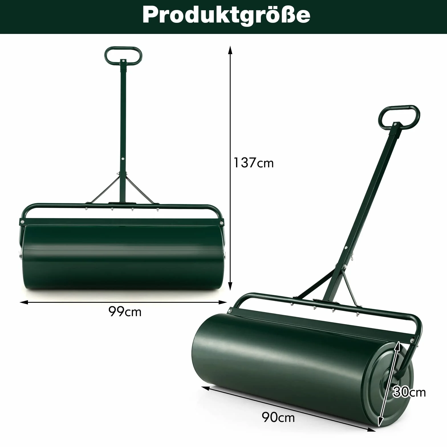 FANTASK Walec do trawy z metalu, średnica 30 cm, z uchwytem 63 l, bęben do dużych obciążeń, wałek do trawy napełniany wodą i piaskiem, wałek ogrodowy, bęben do trawy