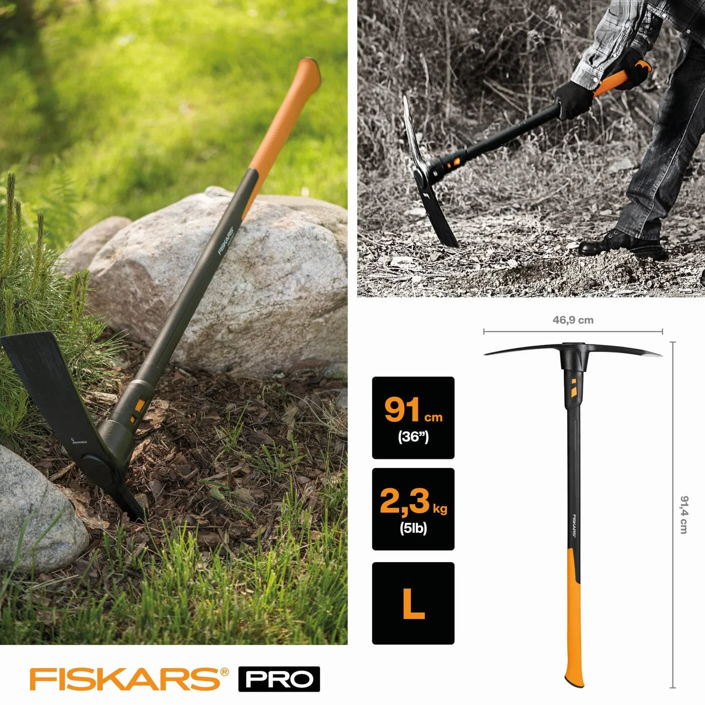 Fiskars Kilof IsoCore L do ciężkiej pracy na ciężkich, kamienistych glebach, Długość: 91 cm, Waga: 3,4 kg, Czarny/ pomarańczowy, 1020166