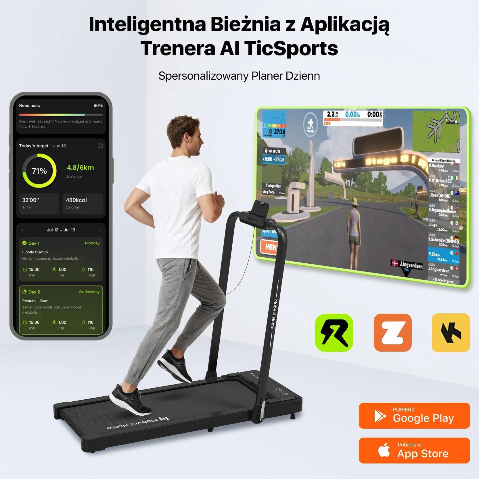 Mobvoi Home Treadmill Plus 3 w 1 składana bieżnia Walking Pad 2,5 KM Kompaktowa maszyna do biegania pod biurkiem do domu i biura Zdalne sterowanie Wyświetlacz LED Głośnik Duża 120 kg 12 km/h