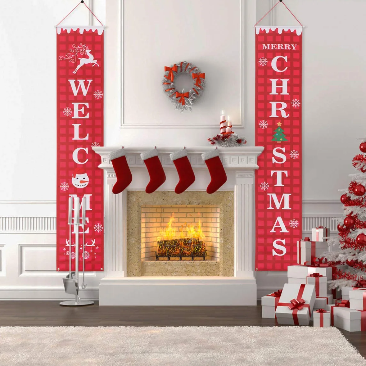 2pcs Reusable Oxford Cloth Waterproof Welcome Christmas Porch Sign Photo Props Wall Decor for Home Party