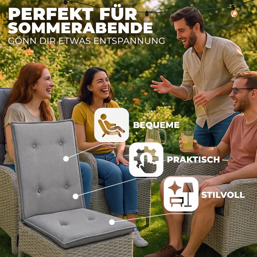 2x Poduszka na krzesła ogrodowe z wysokim oparciem 120x50cm - 8cm Grubości - Premium Materiał 200gsm - Odporne na UV i wodę | Pikowane siedziska z gumką do mocowania | Ciemnoszary