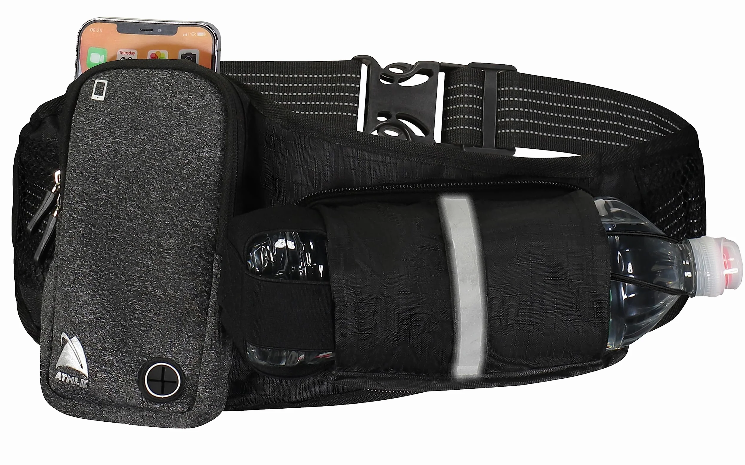 Running Belt Water Bottle Pouch Pozioma, duża kieszeń Fanny Pack Nadaje się do większości telefonów i portfeli, regulowany pasek w pasie jeden rozmiar, breloczek do kluczy, odblaskowy 360 czarny