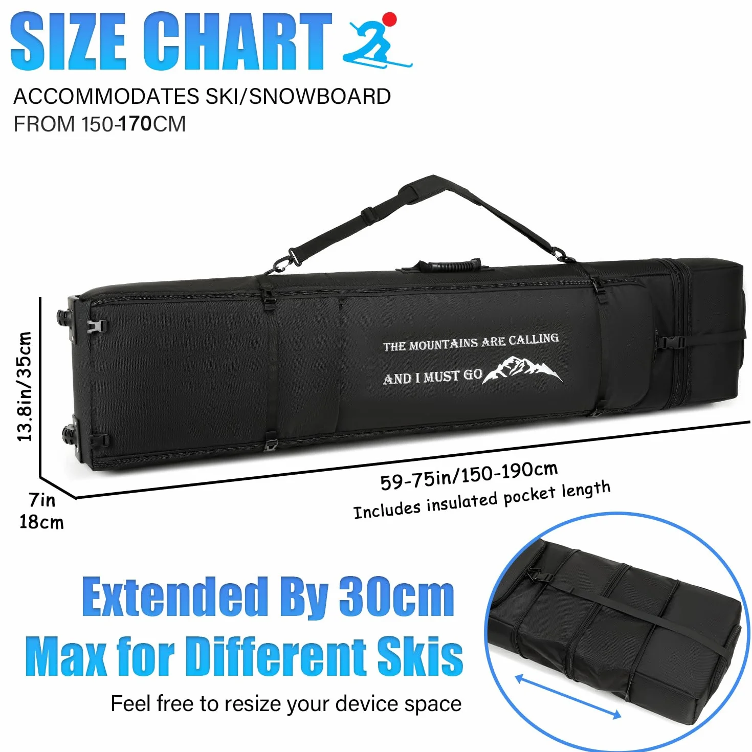 Torba narciarska na kółkach 150-190 cm wodoszczelna regulowana snowboardowa