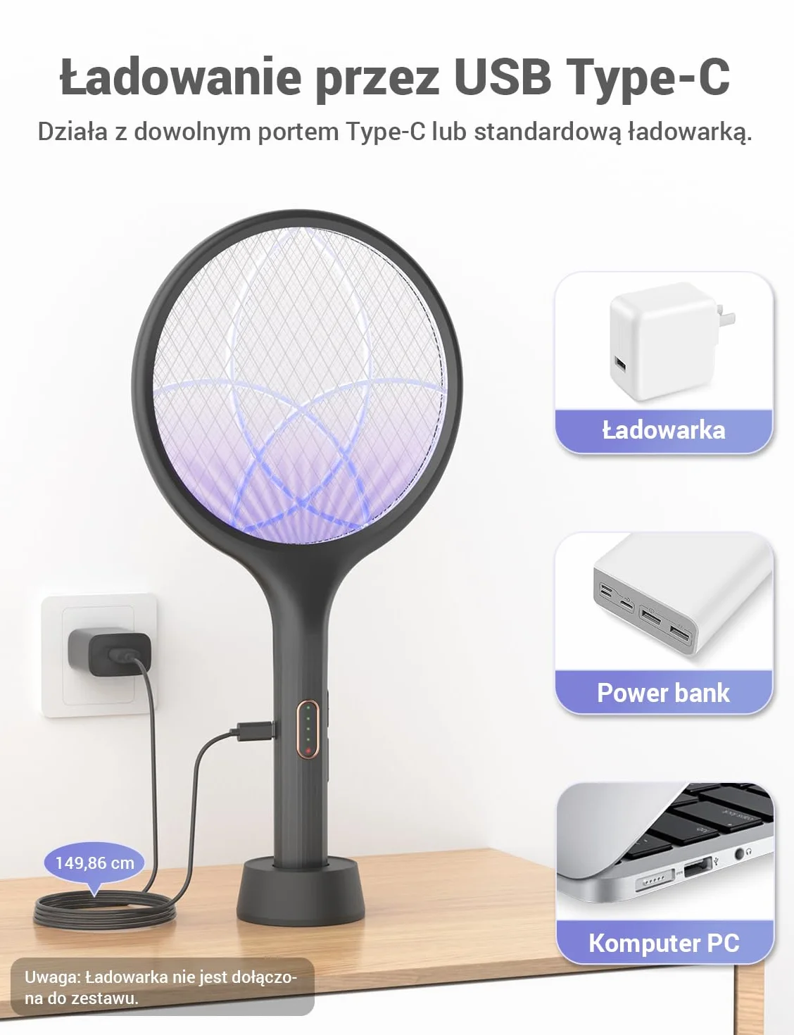 YISSVIC Elektryczna łapka na komary Extra Strong 4000 V 2 w 1 USB C z akumulatorem Akumulatorowa ze stabilną podstawą pułapką na światło UV Przeciw komarom Muchom 2 szt. Czarny