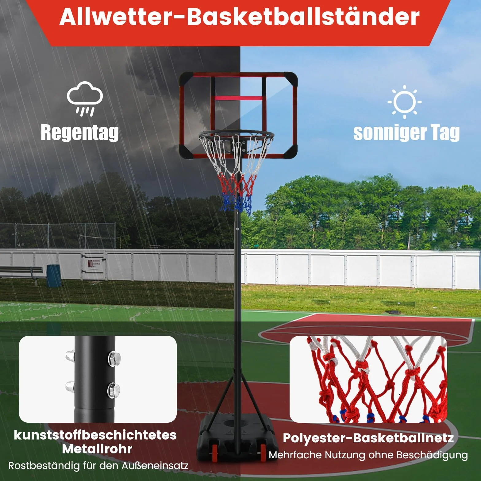 COSTWAY Kosz do koszykówki outdoorowy ze stojakiem, stojak do koszykówki 155-210 cm, z regulacją wysokości na kółkach, mobilny kosz z tylną ścianką PC i podstawą, zestaw do koszykówki dla dzieci i