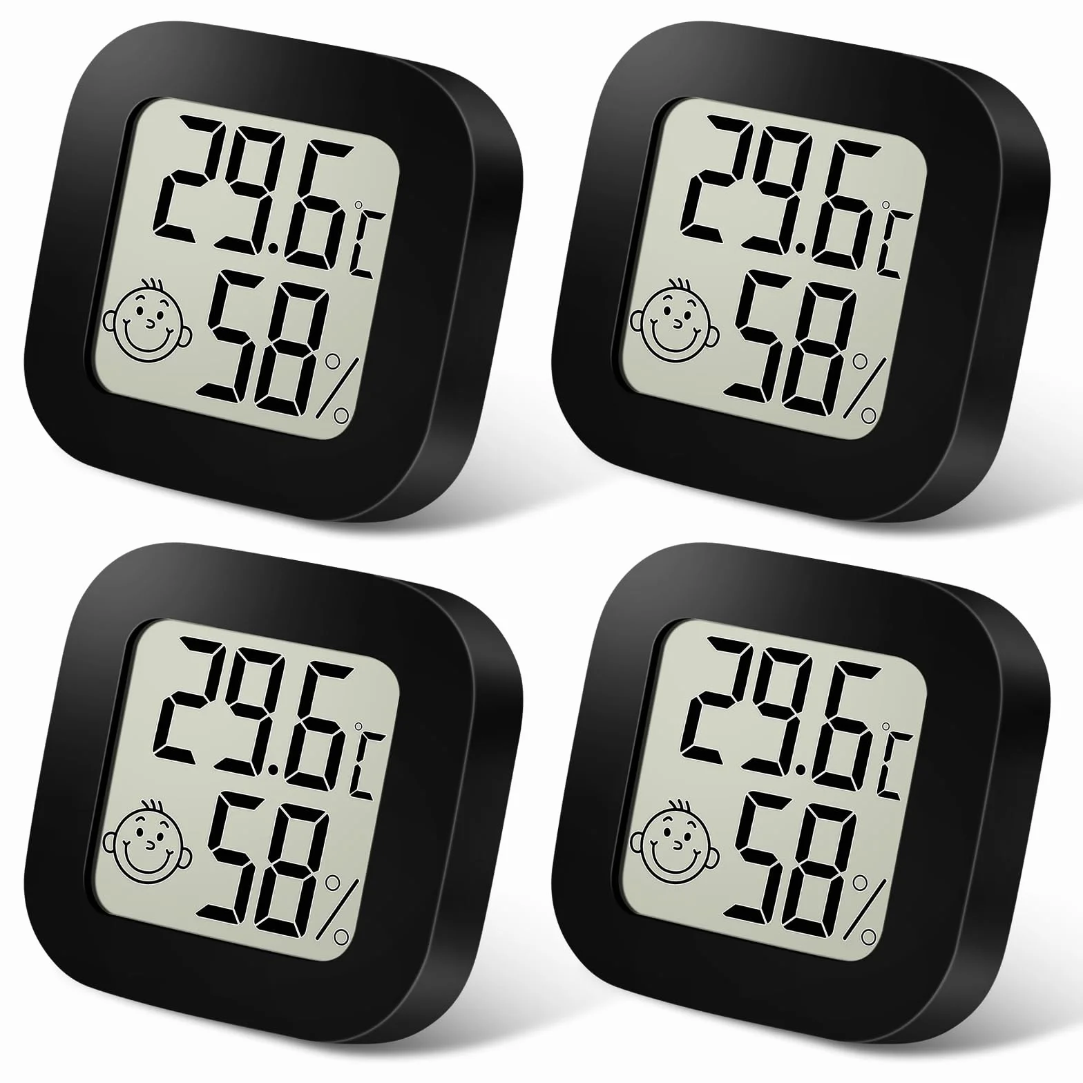 Ainiv Cyfrowy mini higrometr/termometr pokojowy, do pomieszczeń, z wyświetlaczem LCD i ikonami twarzy, z monitorem wilgotności/temperatury, do sypialni, pokoju dziecięcego, samochodu, 4 sztuki