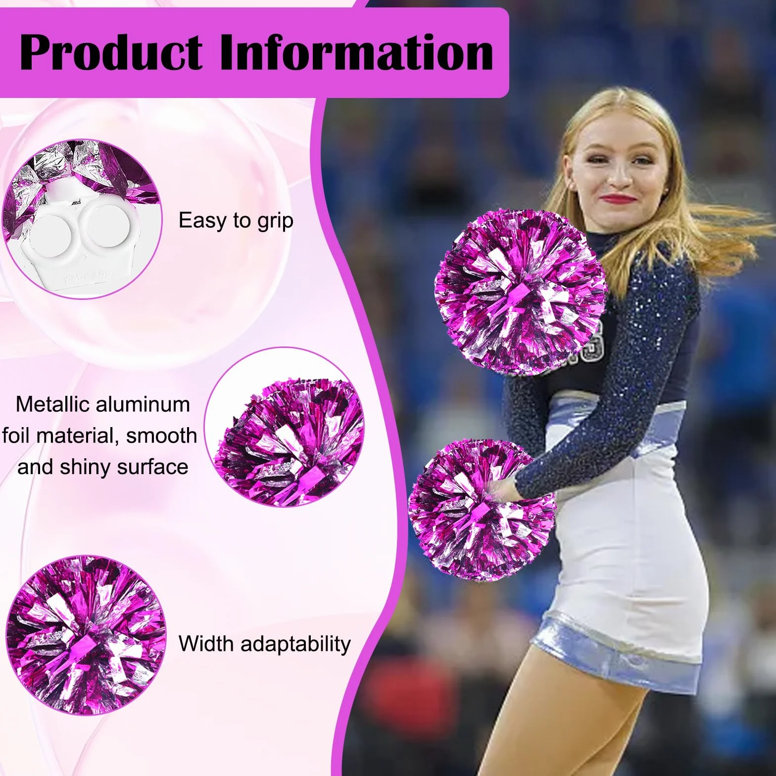 2 pompony cheerleaderek, pompony cheerleaderki, metalowe pompony z folii, sportowe pompony, metaliczne, piękne pompony cheerleaderki, kolorowe pompony dla dzieci, do uprawiania sportu, występów, tańca