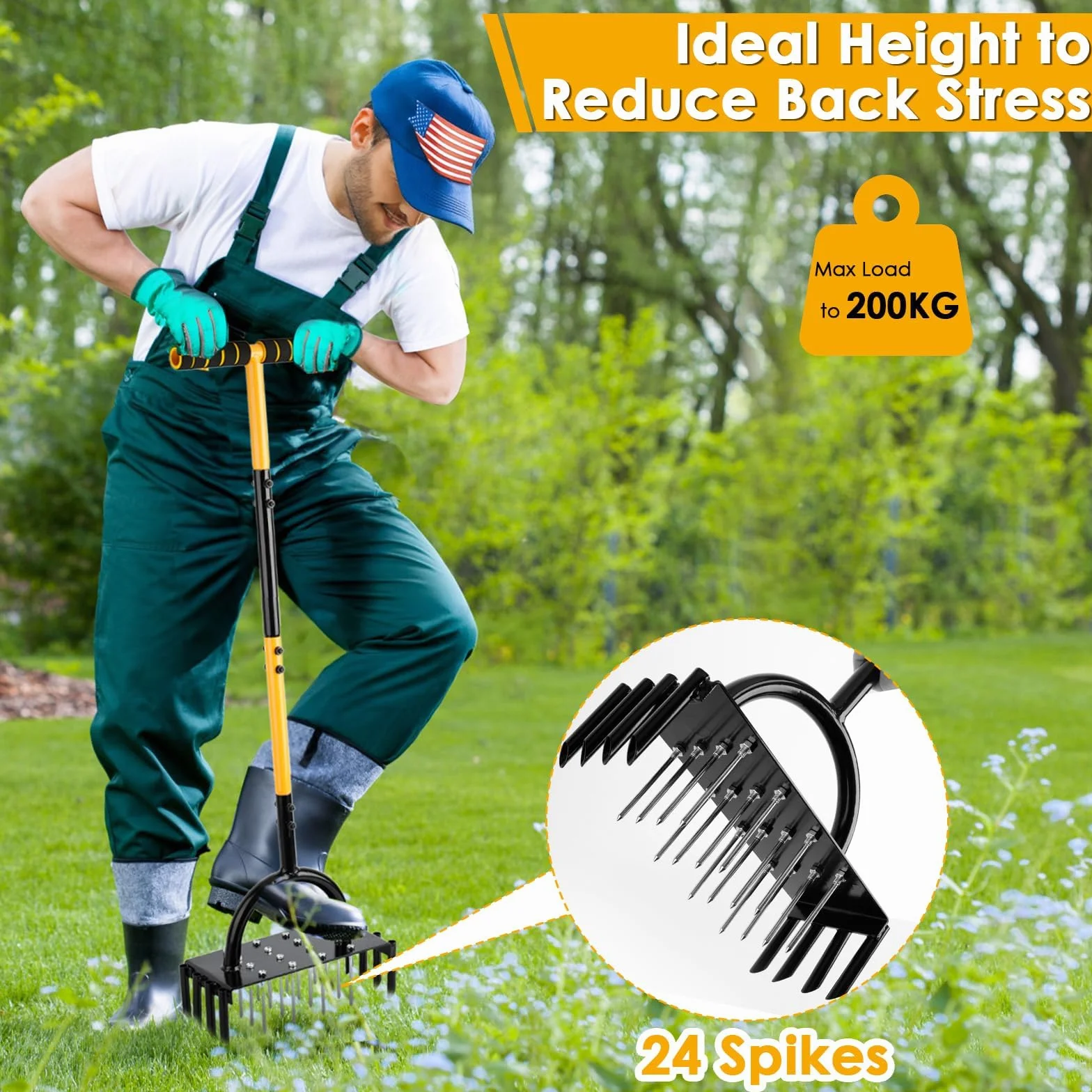 Aerator Narzędzie do trawnika, 96 cm Aerator Cesped Scarifier Ręczny napowietrzacz ziemny z uchwytem T z 17 kolcami z litej stali 9 cm do napowietrzania trawnika, patio, gleby
